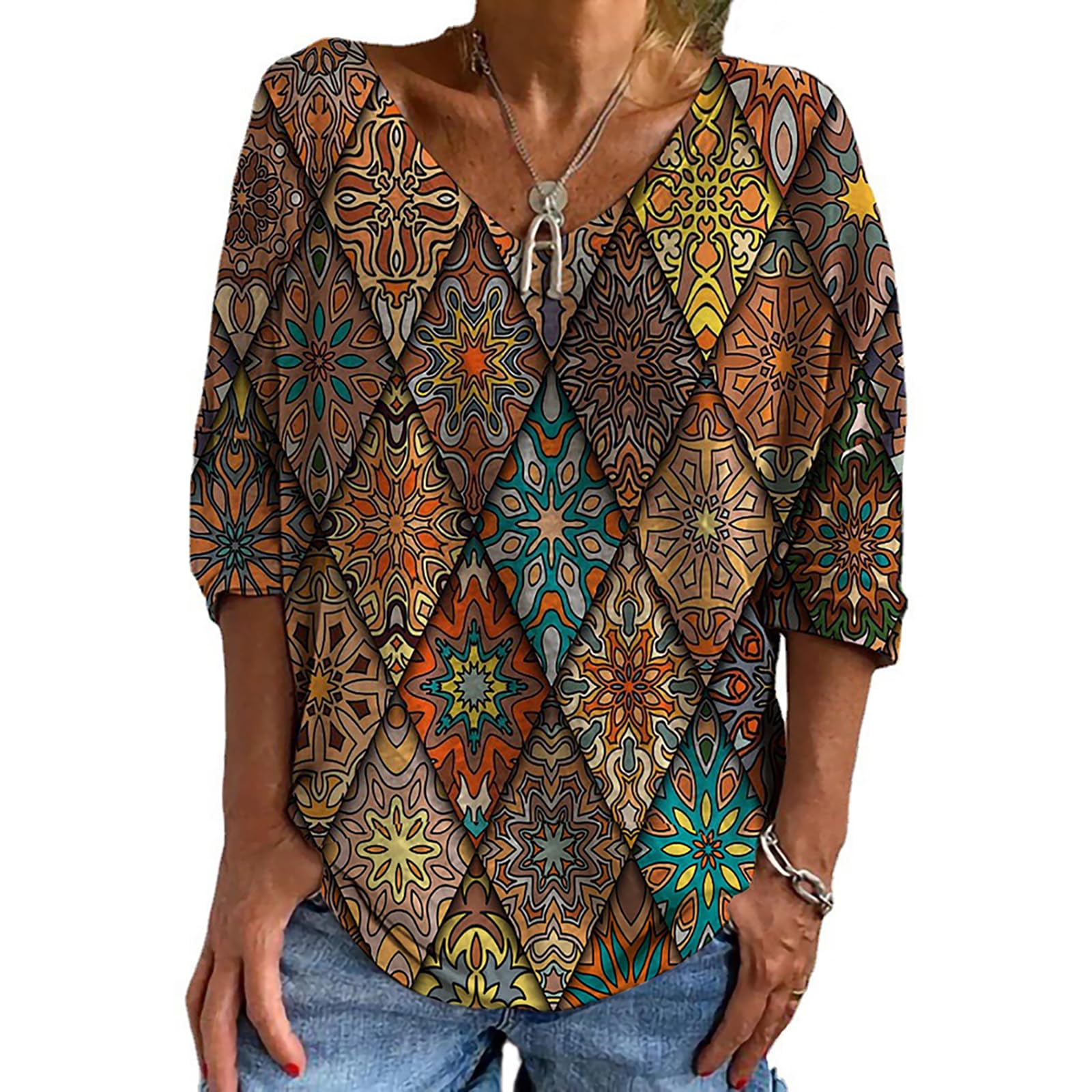 Women Top Pattern Print Retro Vintage Drop-Shoulder Long Sleeve Loose V-Neck T-Shirt Soft Blouse