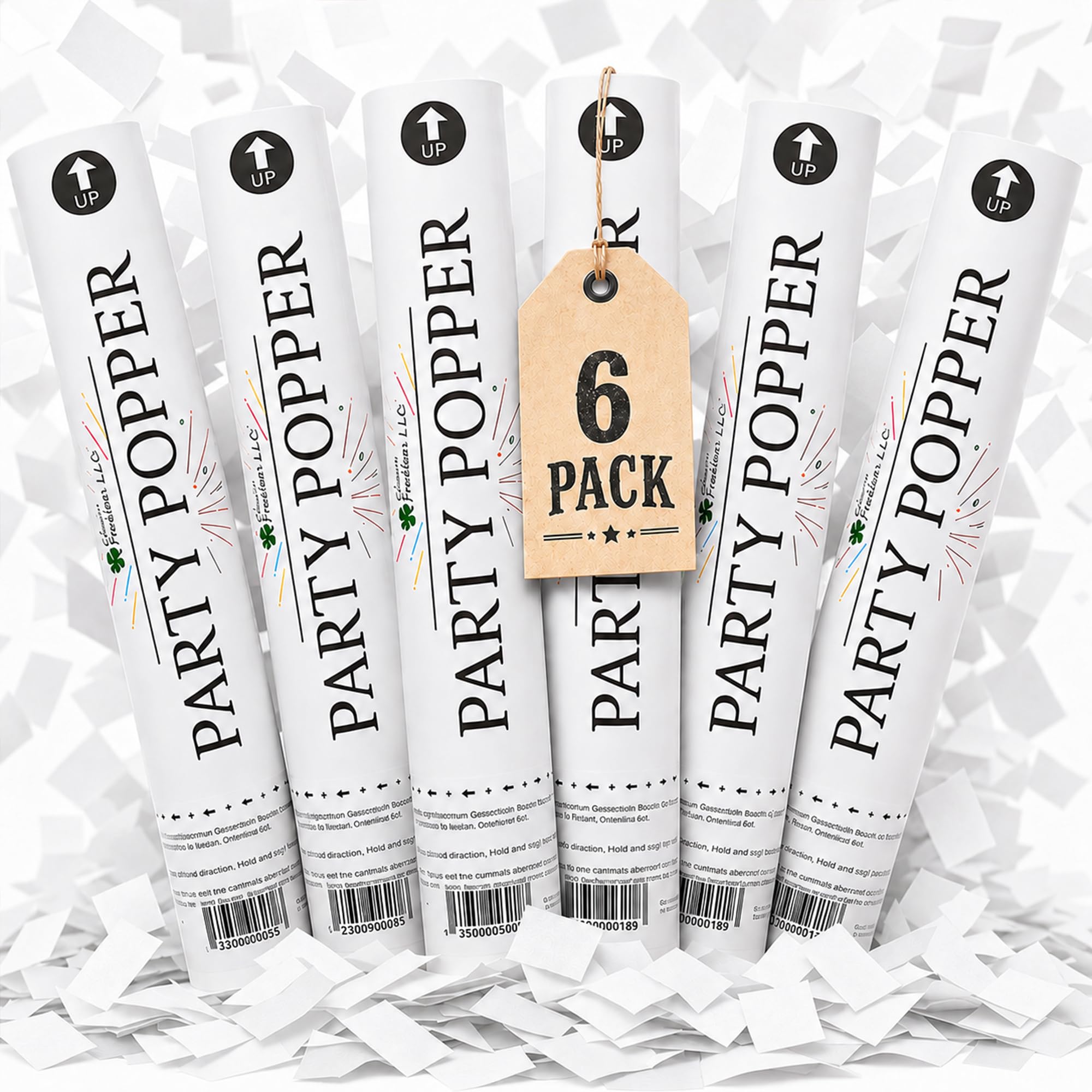 Clover Products duże działo do konfetti ślubnego premium – 6 sztuk biały biodegradowalny papierowy pojemnik na konfetti | 20-25 stóp | Party Poppers na ślub lub na każdą okazję