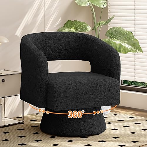 Swivel Barrel Accent Chair,Oversized Teddy Upholstered Round Swivel Chair,Modern Luxury 360 Degree Living Room Vanity Chair for Bedroom Office,Black,1PCS