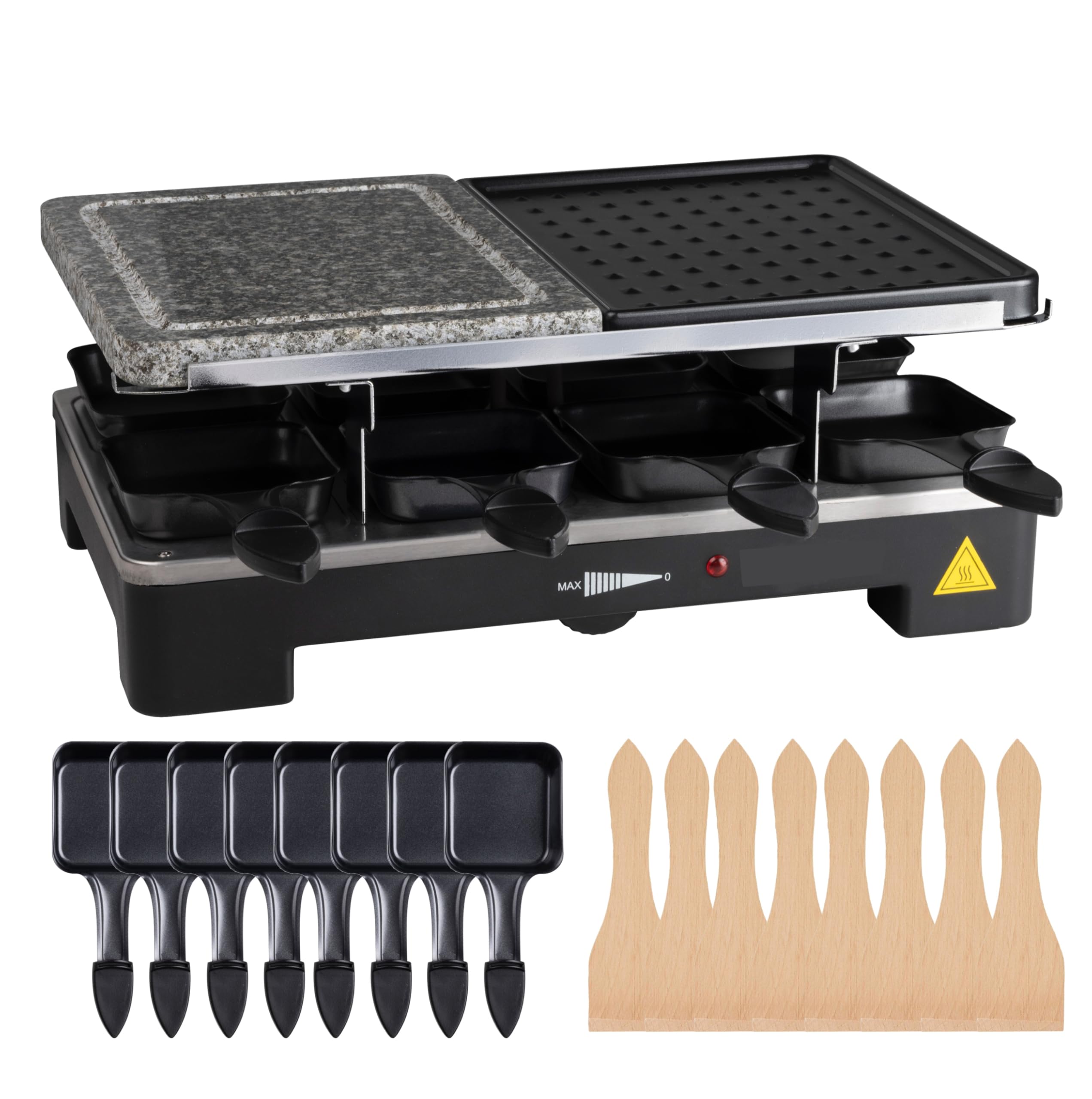 Appareil à raclette pour 8 personnes - Avec plaque de cuisson et fonction plaque de pierre - Barbecue de table avec poêlons et grattoir