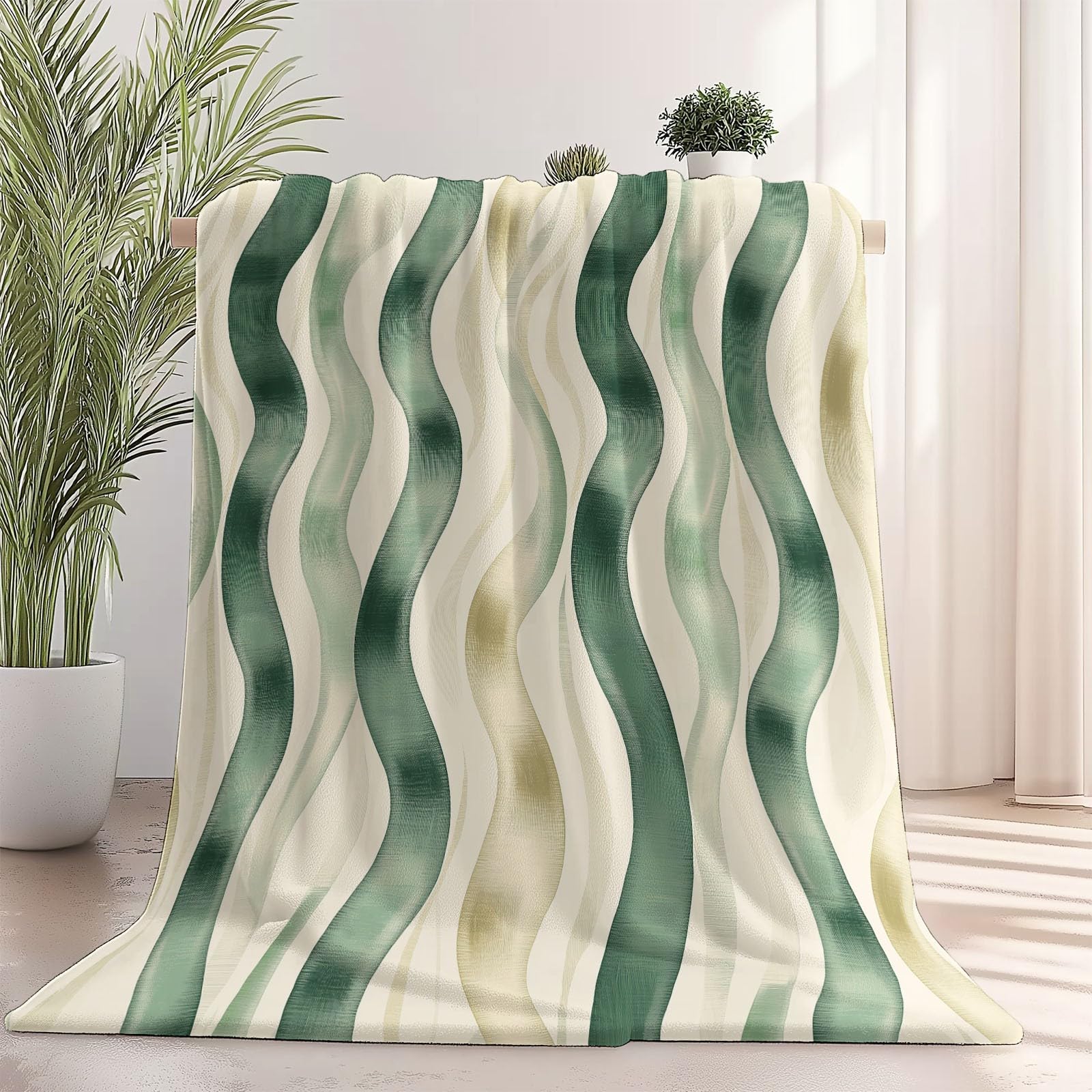 Manta de Franela para Sofá y Cama, Rayas Cinta Minimalista Olas Súper Suave y Cálida, Manta Ligera de Felpa para Dormitorio, Sala de Estar o Mascotas, Decoración del Hogar (Beige, 220×240 cm)