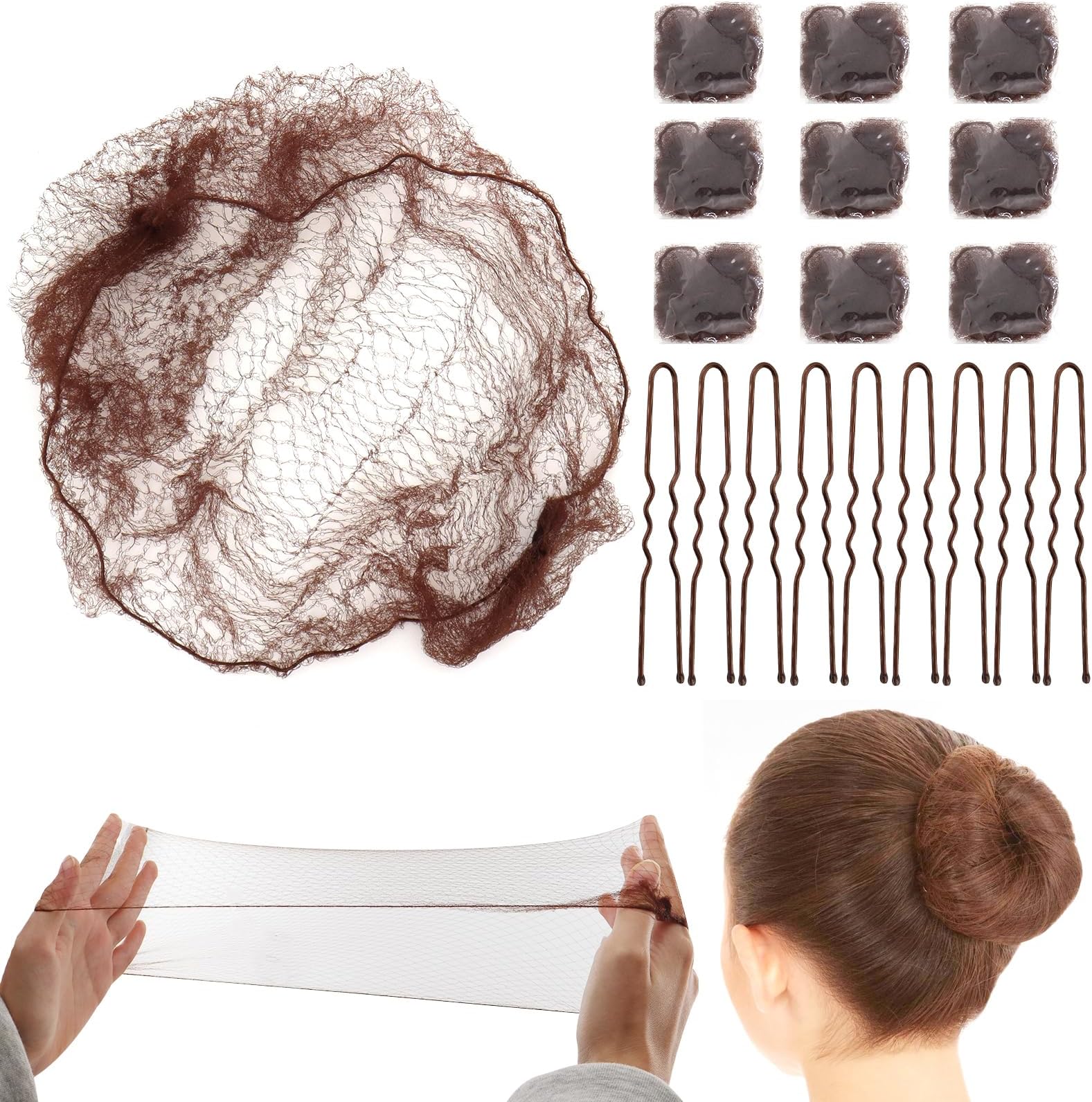 TOKSEOPack of 58 Hair Nets Bun with 50 Hair Pins, Nylon Invisible Hair Net, Elastic Hair Nets for Children, Girls, Women, Hair Doughnut (Brown)