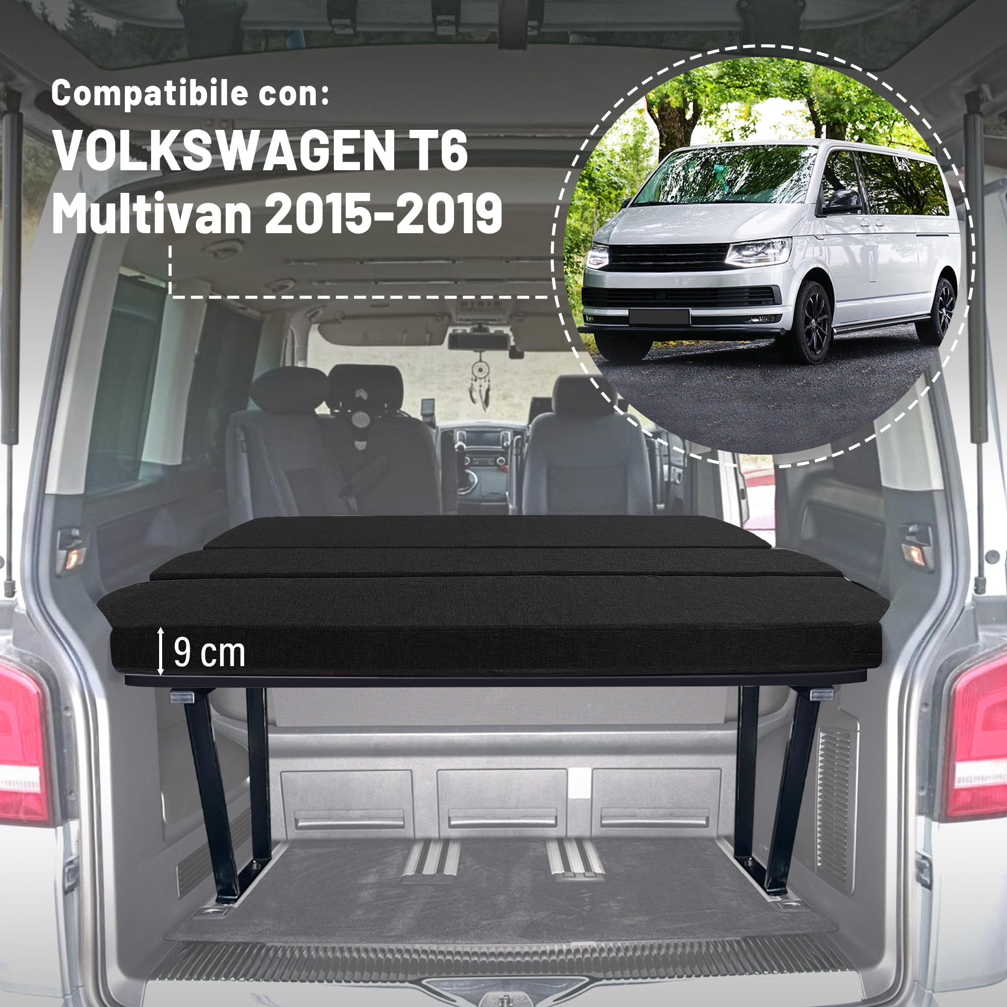 CHROMEMASTER | Compatibile con VW T6.1 2019+ Multivan; Set: Letto Pieghevole per Auto e Materasso per Auto, Materasso Pieghevole; Prolunga del Letto Multiflexboard, Tavolo; Accessori per Il Camper