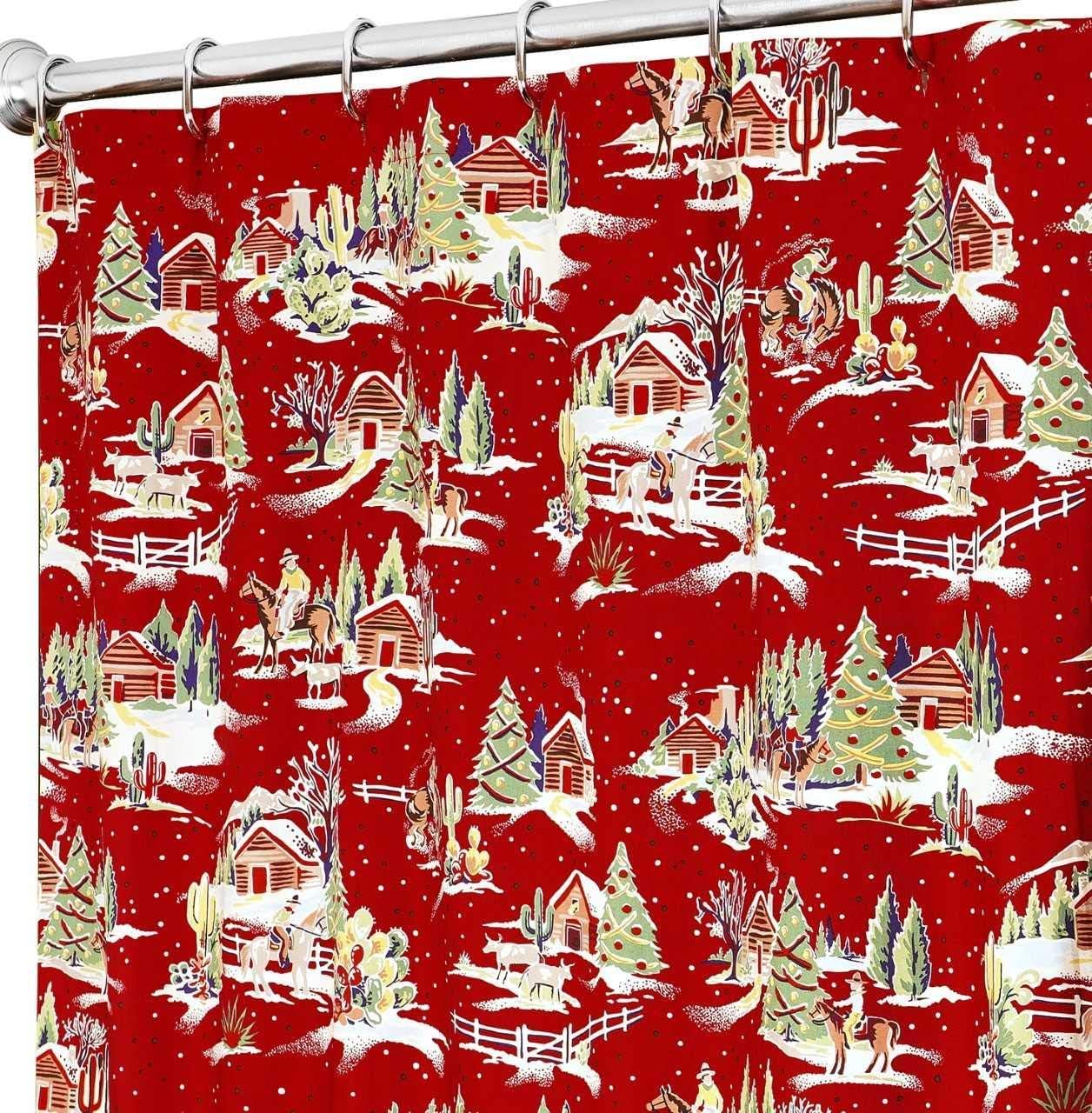 Extra Long Christmas Shower Curtains Rustic Christmas Decor Red Farmhouse 72" x 84"