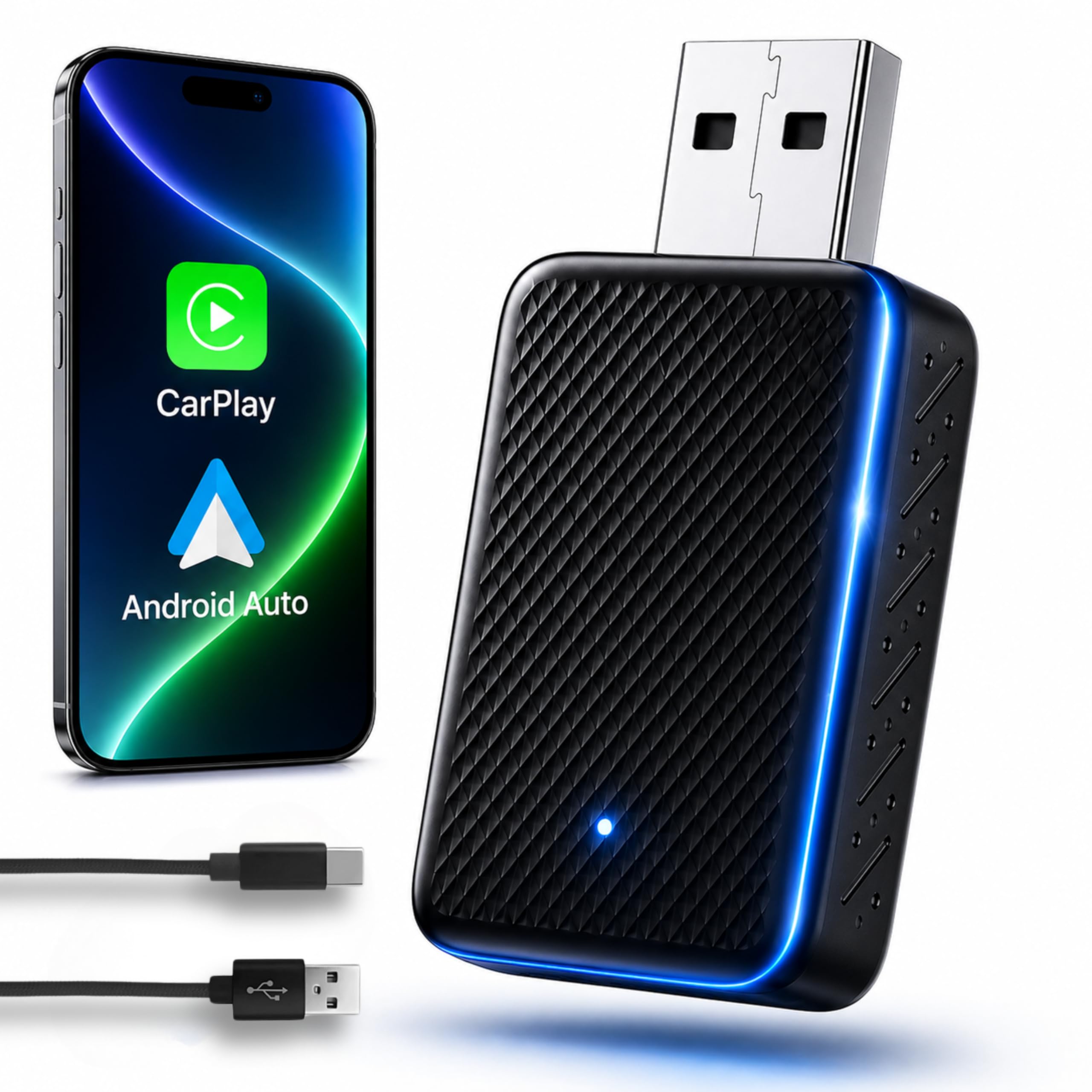 Premium Pro Adaptador USB CarPlay Inalámbrico, Receptor Auto iPhone, Conexión Automática Convierte Conexión por Cable a Inalámbrica para Coche, Android Auto 2 en 1, Compatible con iOS 10+ Android 11+