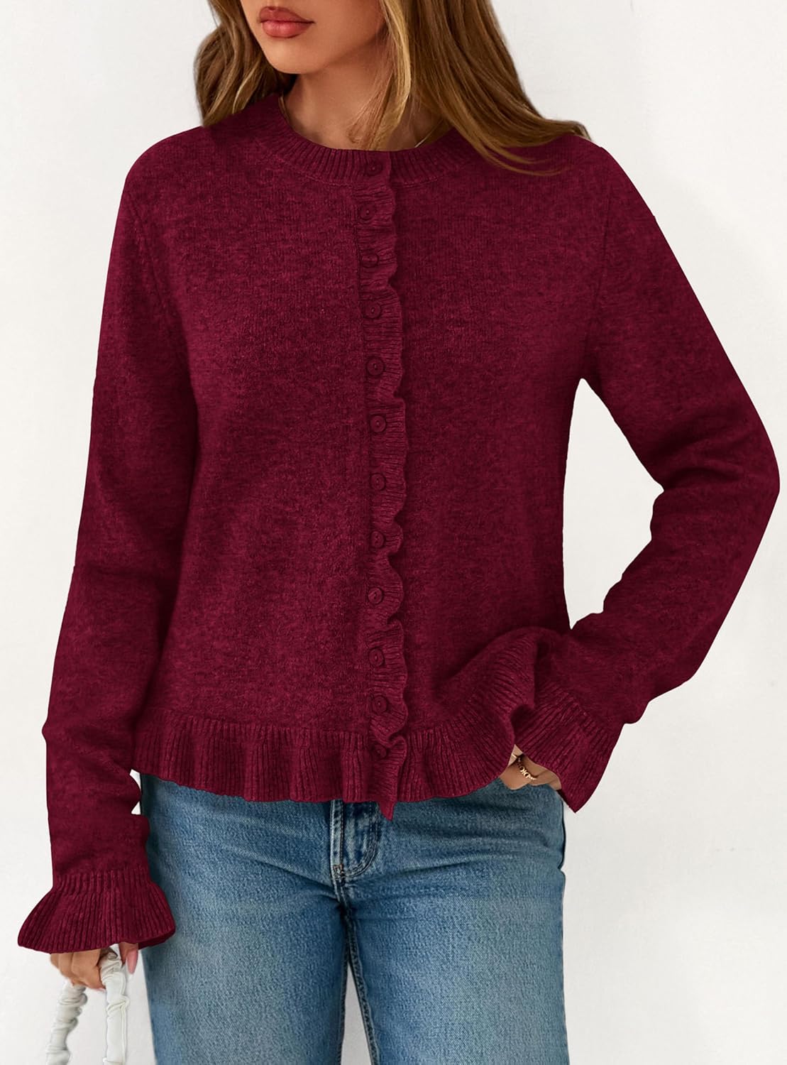 PRETTYGARDEN Womens Fall Button Down Cardigans Chunky Knit Ruffle Open Front Cropped Cardigan Sweaters Soft Long Sleeve Tops - Image 8