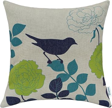 CaliTime Canvas Throw Pillow Cover Case for Couch Sofa Home Decoration Floral Cartoon Shadow Bird Silhouette 18 X 18 Inches Natural Ground Navy Bird
