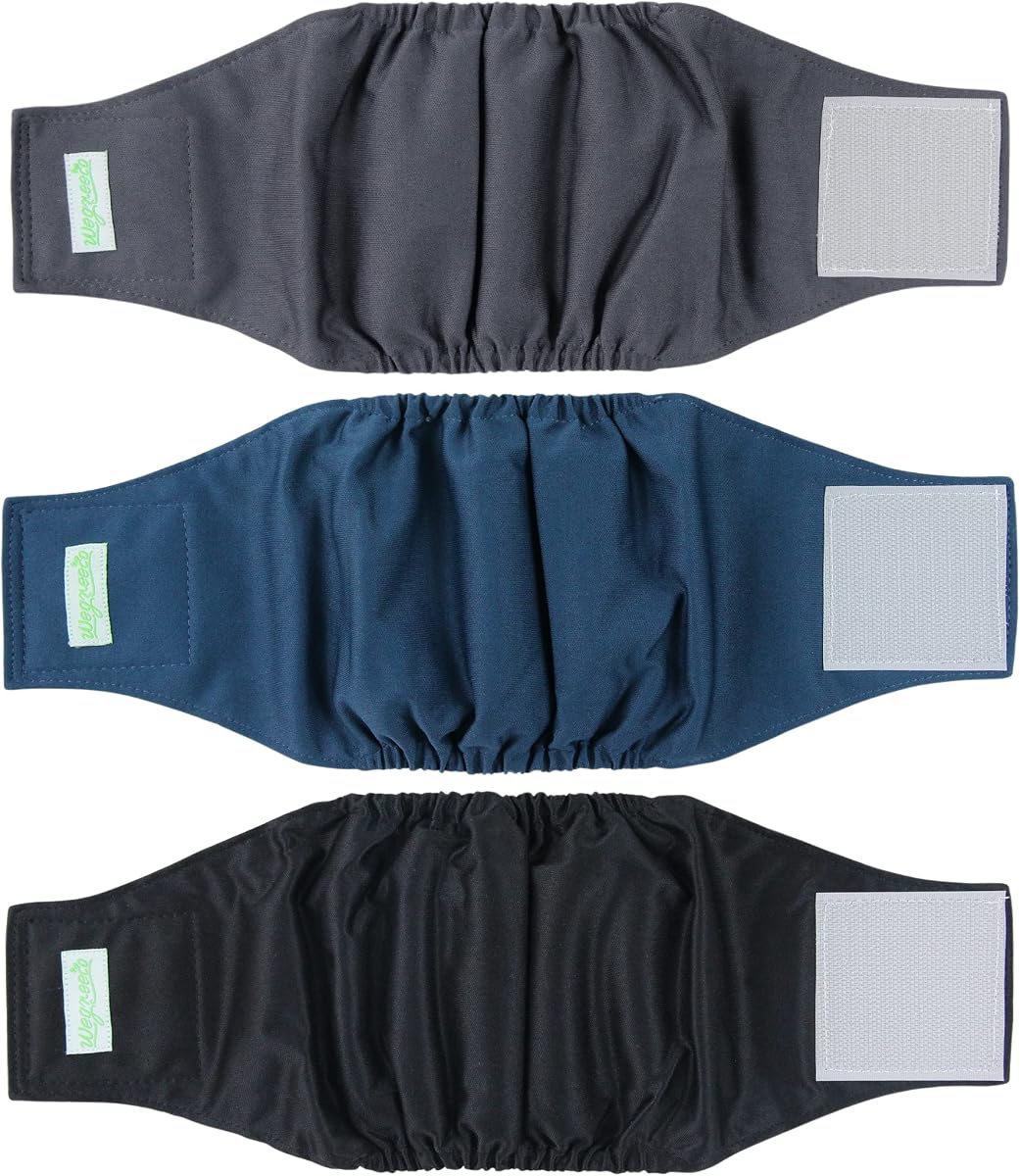 Wegreeco Washable Male Dog Belly Band - Pack of 3 - Washable Male Dog Belly Wrap, Small Doggie Dog Diapers Male for Doggy Puppy (Black, Charcoal, Navy, Small)