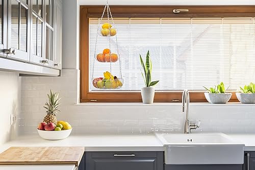 Miniatura 9 de Caxxa Cesta colgante de 3 niveles, organizador de frutas para cocina, organizador de alambre resistente con 2 ganchos de metal para techo, cromado