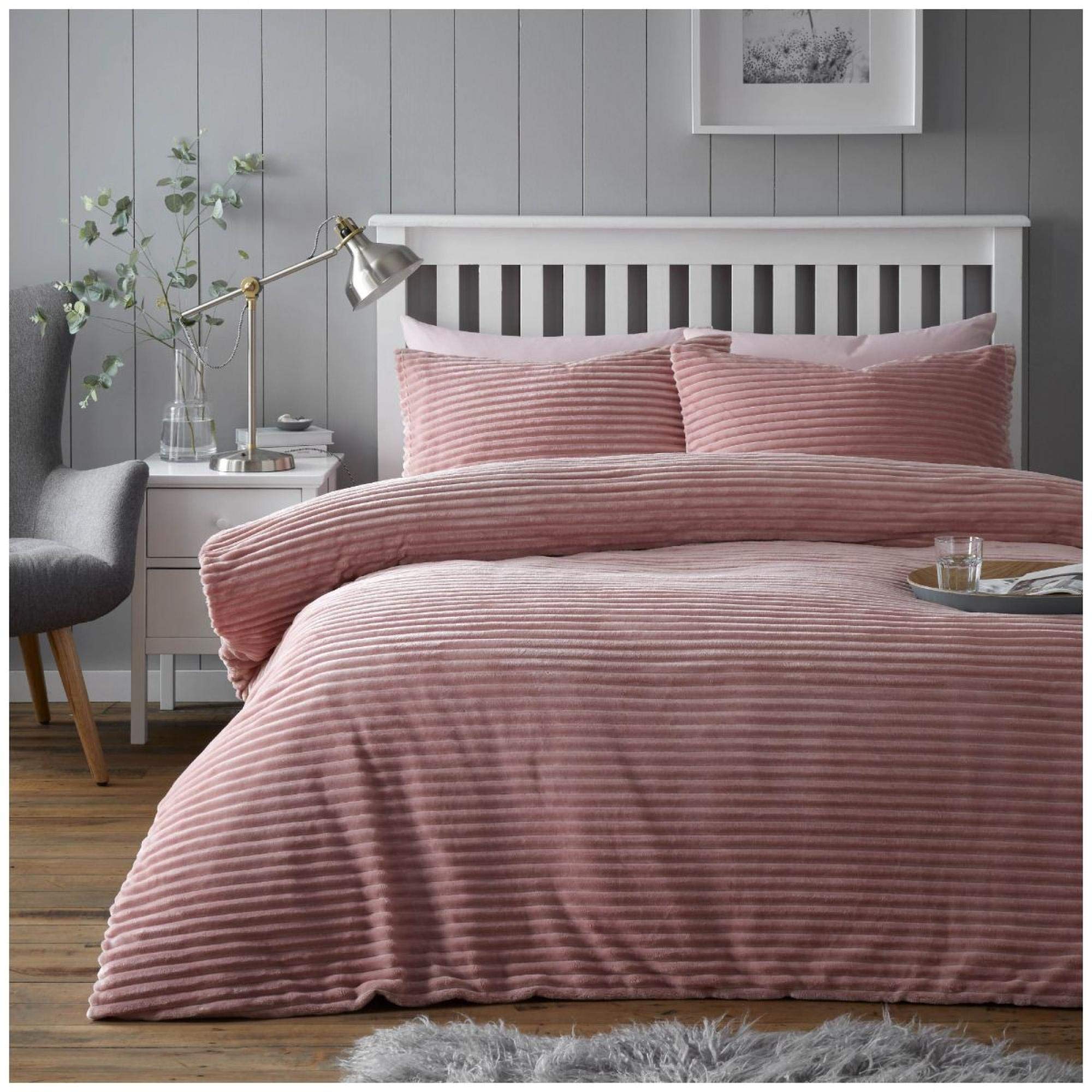 GC GAVENO CAVAILIA Chunky Rib Stripe Double Bedding Set, Teddy fleece Quilted Bedspread, Double Duvet Cover Sherpa Fluffy Bedding With Soft & Warm Pillowcases Covers, Blush Pink
