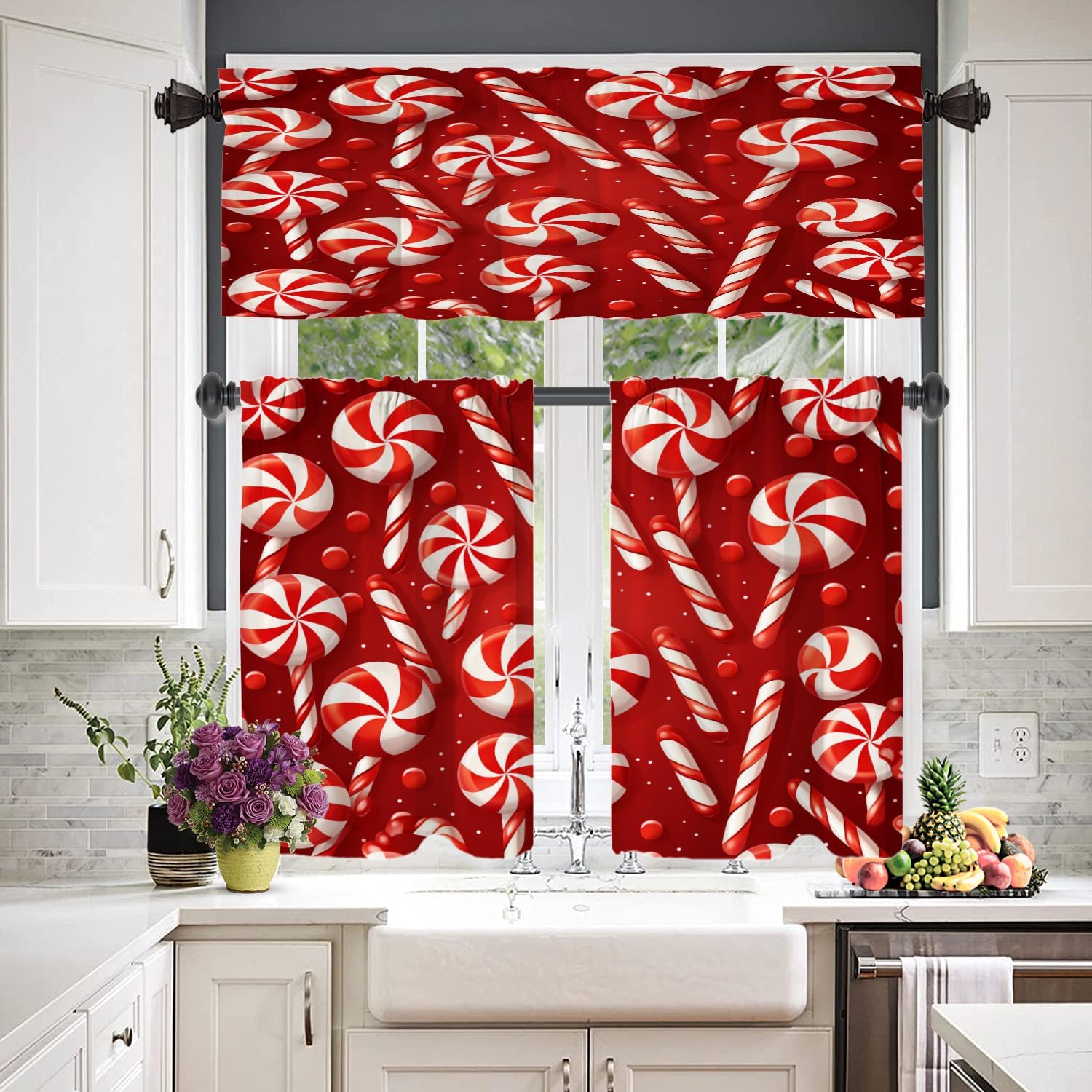 Candy Cane Candle Blackout Tier Curtains, Winter Red Christmas Candy Half Window Drapes for Kitchen with Rod Pocket,Room Darkening 2 Pack 26X36 Inches