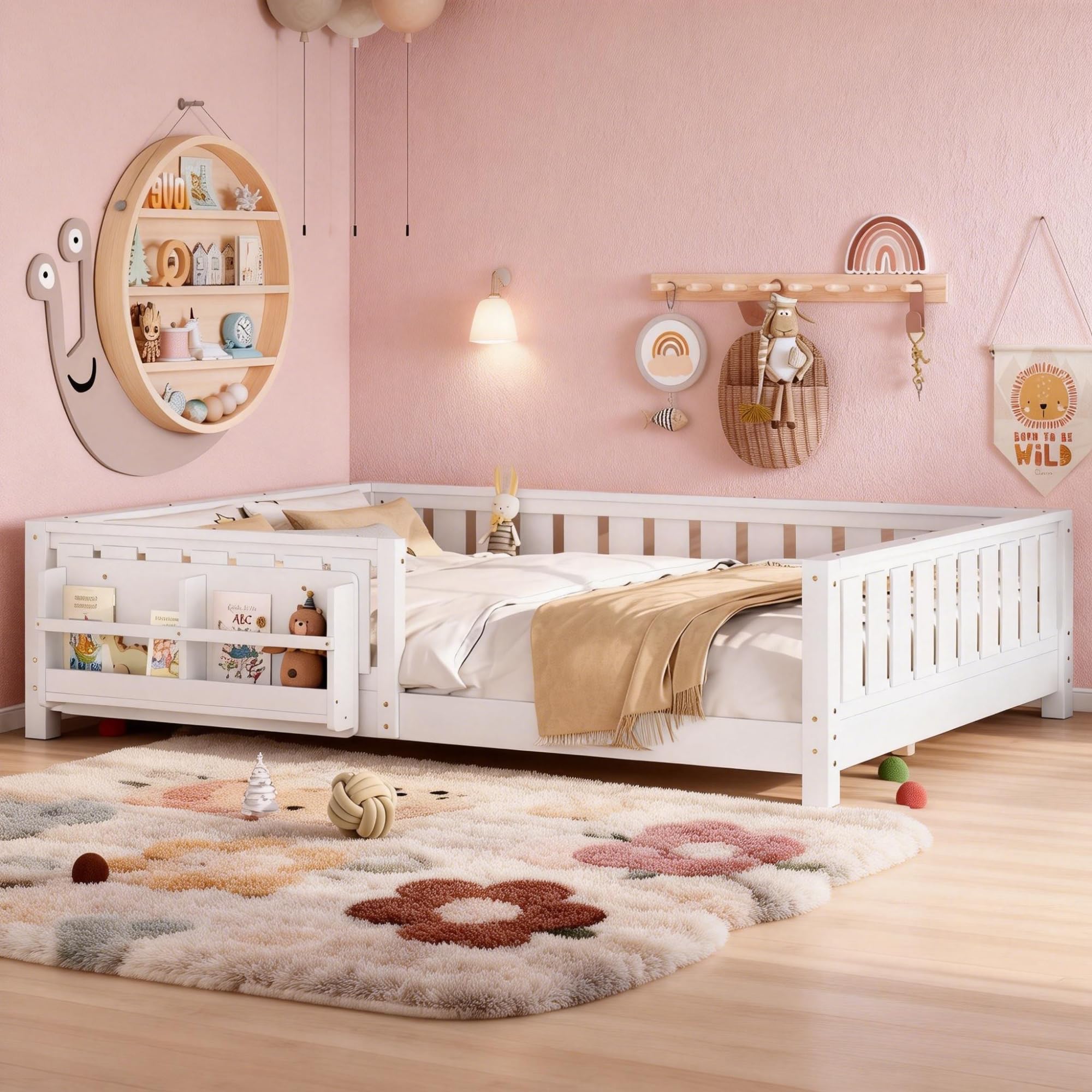 Photo 1 of ****MISSSING PARTS*****Queen Size Floor Bed with Storage Bookshelves, Solid Wood Montessori Floor Bed with Full-length Guardrails Queen Bed Frame for Kids, Boys, Girls, No Box Spring Needed and Childlike Design, White