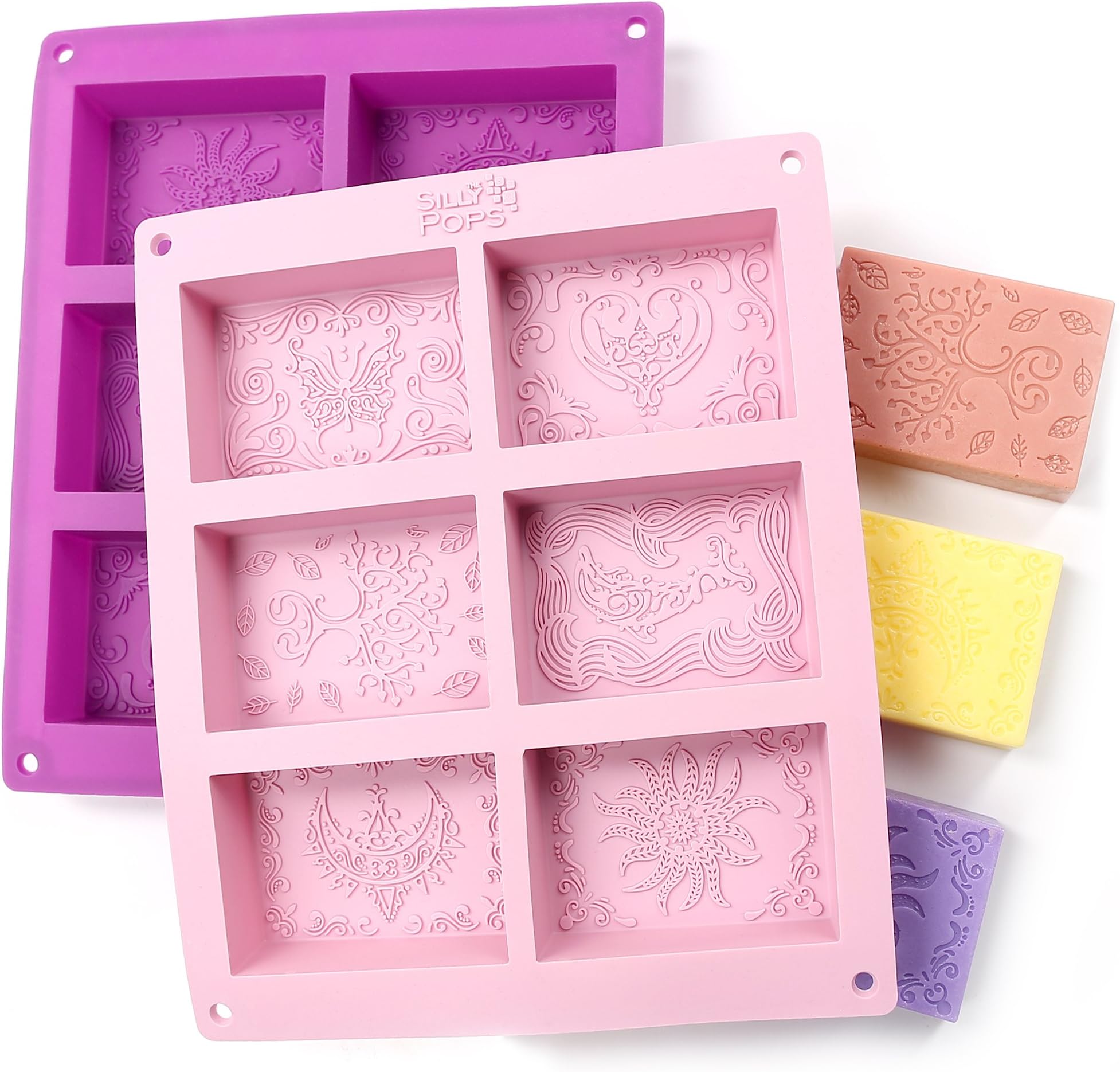 the Silly Pops Rectangle Silicone Soap Molds - Set of 2 for 12 Cavities - Mixed Patterns - Soap Making Supplies by