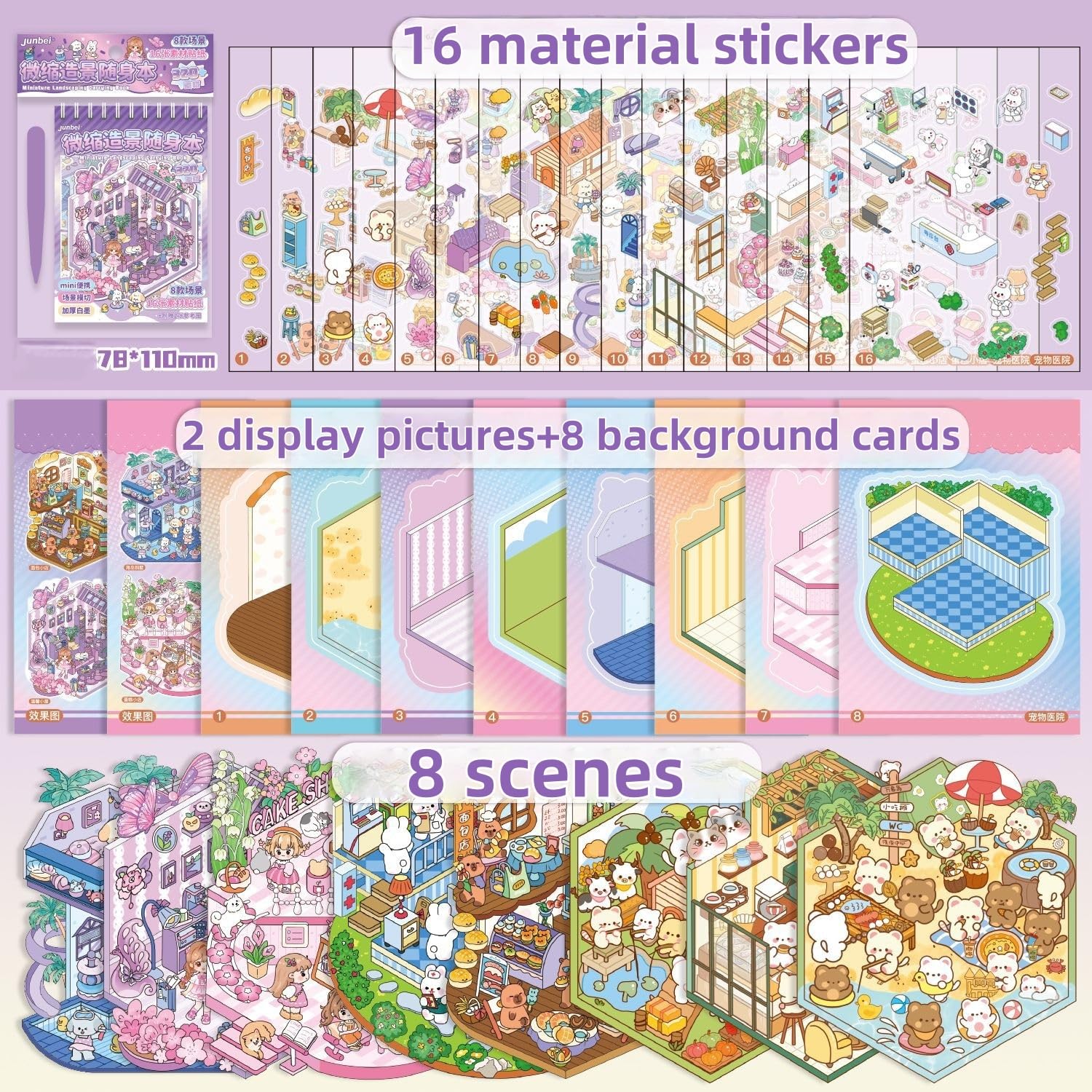 Tuyatezhi 16 Sets 3D DIY Stickers Scene,3D Mini House Stickers Set for Adults with Tweezers Make Your Own Room Kawaii Large Size Sticker Scene Therapy for Adults Relief Stress Pass The Time Gift - Image 4