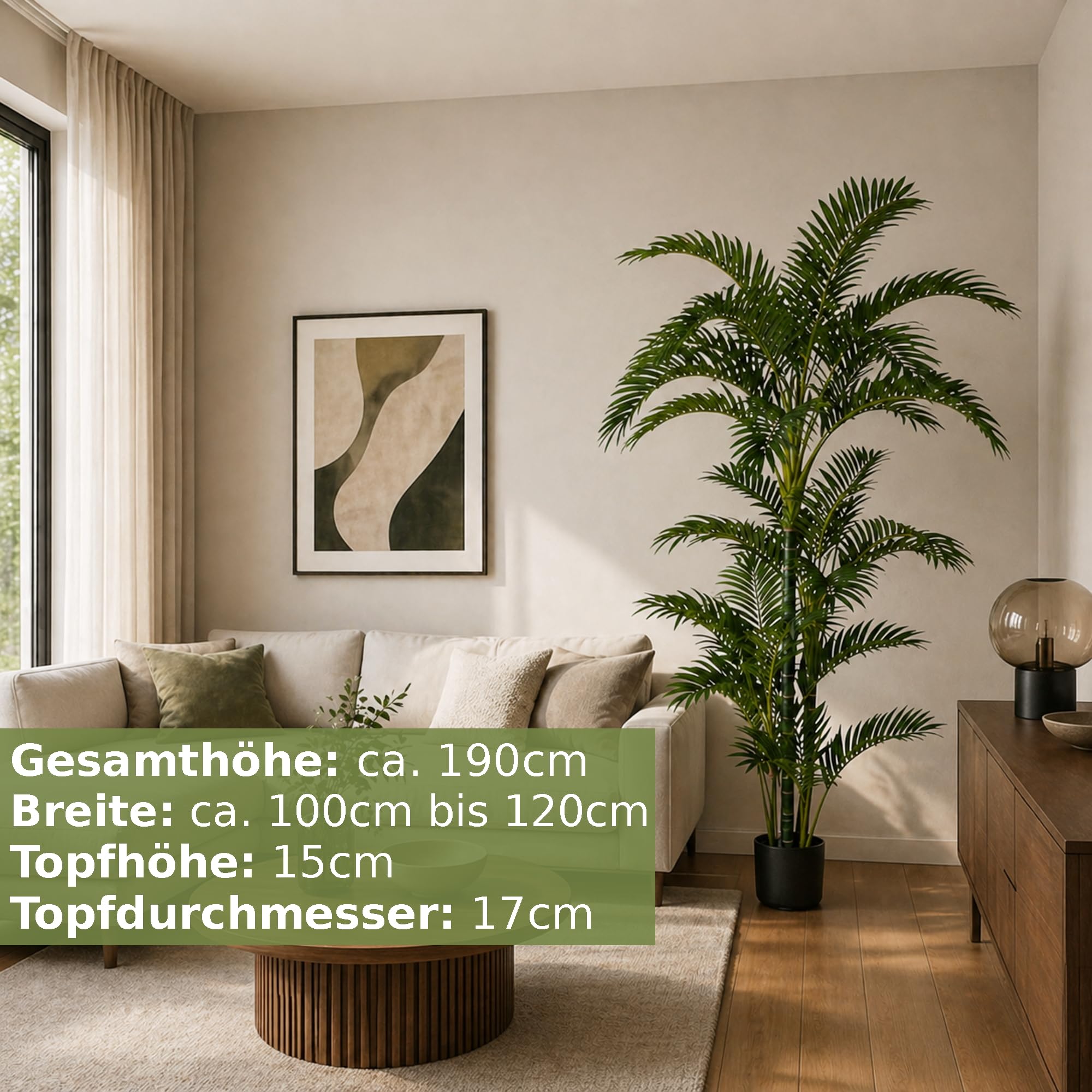 Seidenblumen Roß Arekapalme Deluxe 190cm DA Kunstpalme, Dekobaum Kunstpflanzen künstliche Palme Pflanzen Kunstpalmen, Home Deko künstliche Pflanze, Deco Dekoration Wohnzimmer Büro Schlafzimmer
