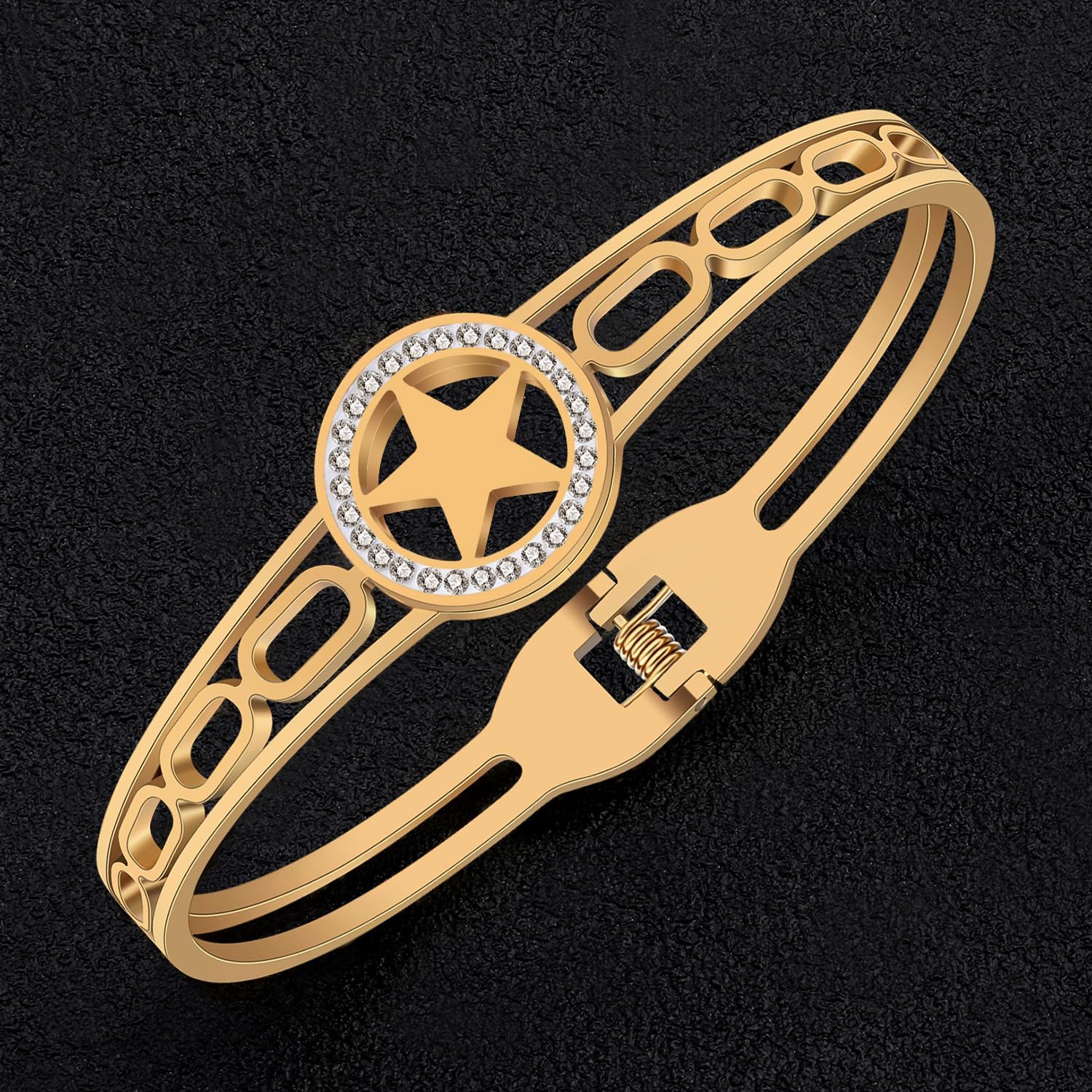 Stainless Steel 18K Gold Silver Plated Crystal Lucky Star Bracelets Fun Pentacle Hollow Out Cuff Bangle Jewelry For Women Friendship Charms Gifts - Image 3