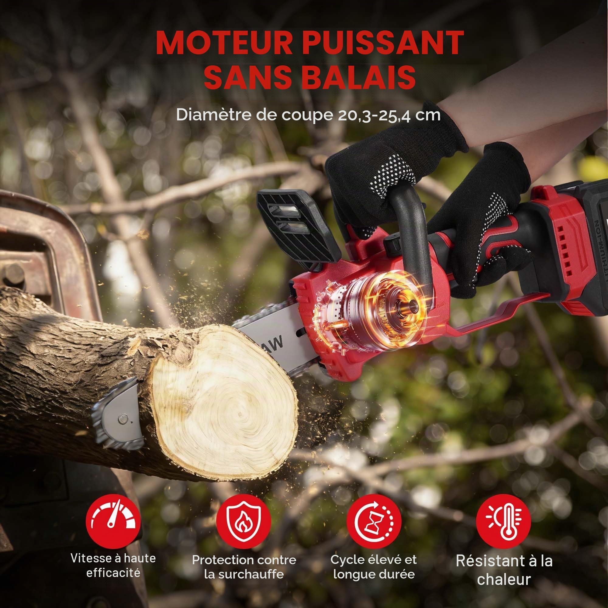 ONEVAN Tronçonneuse sans fil, 8 et 10 pouces, graissage automatique | Con 2x 3.0Ah batteries, diamètre de coupe 20cm, brushless vitesse de coupe de 10m/s, remplacement du guide-chaîne sans outil