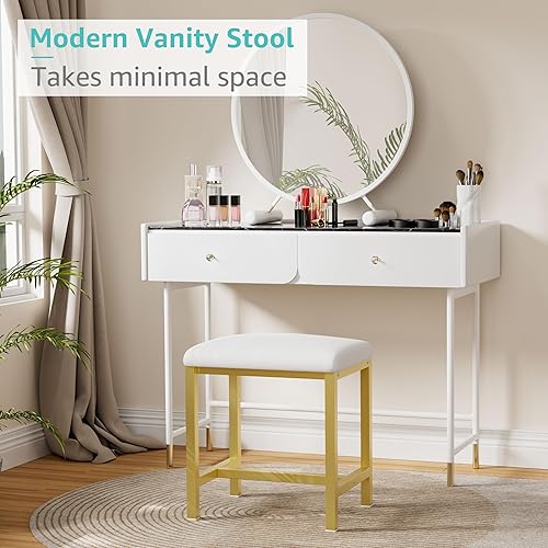 Miniatura 4 de Taburete de tocador pequeño, bonitos taburetes de tocador con cojín, silla de tocador de maquillaje de oro blanco para espacios pequeños, sala de