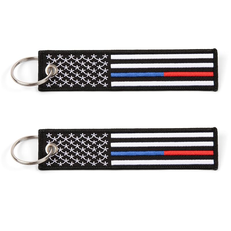 Chaveiro automotivo com faixa bordada Thin Blue Red Line American Flag Great 1, com argola e mosquetão, kit com 2 peças