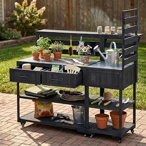 Merax Outdoor Potting Bench Table with Storage Shelves, Stainless Steel Top, Wheels, and Hooks