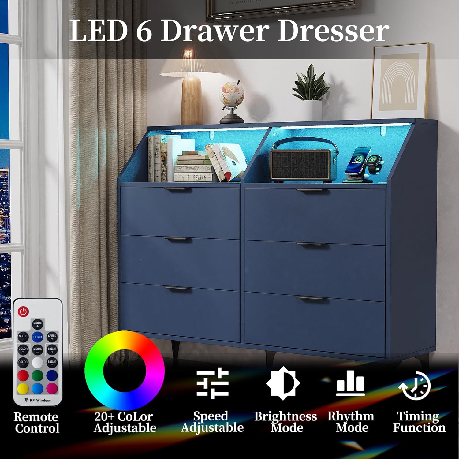 6 Drawer Dresser with LED Light, Chest of Drawers with Charging Station, Large Double Dressers, Wooden Dressers for Bedroom, Living Room, Entryway, Hallway (Blue)