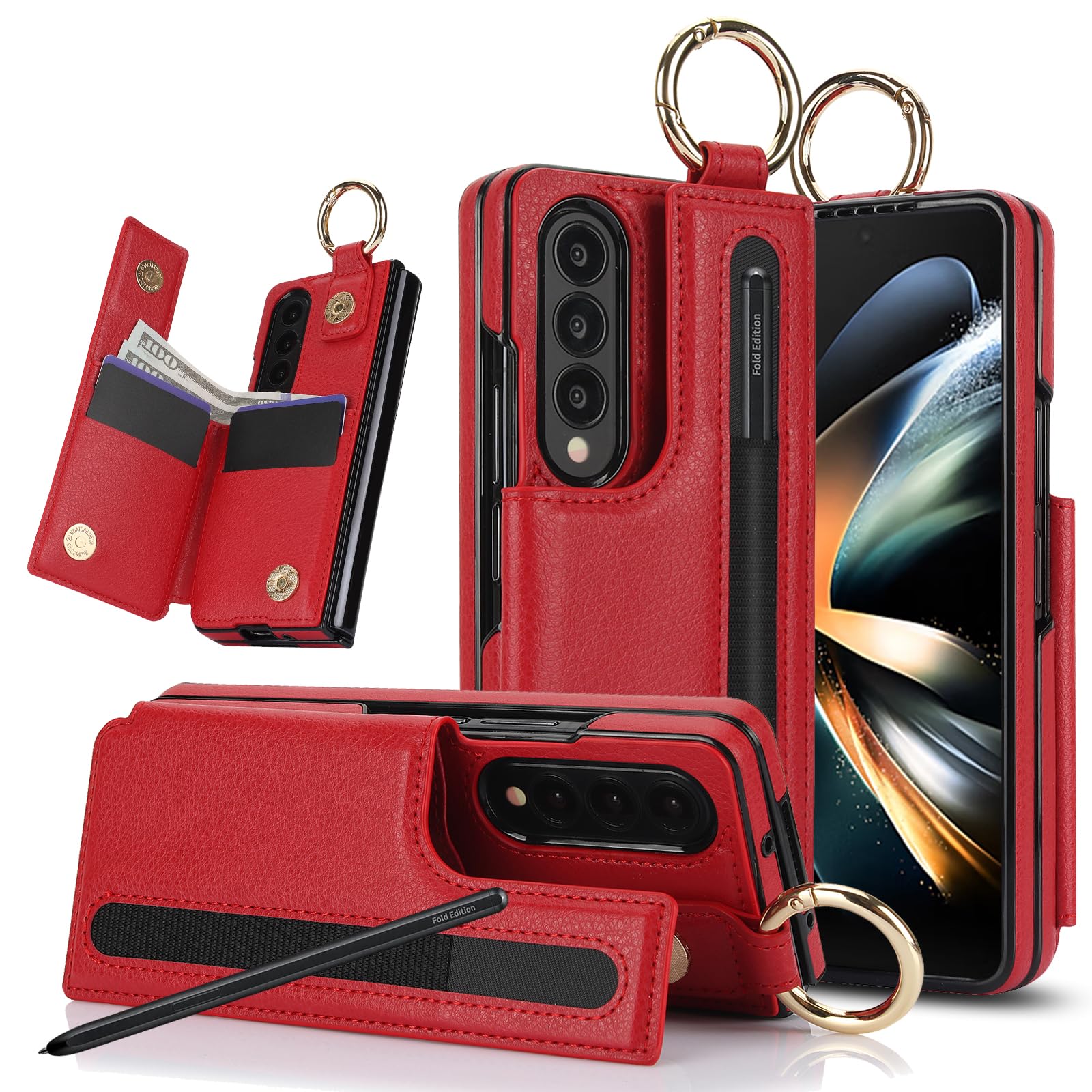XIMAND for Samsung Galaxy Z Fold 4 Wallet Case with S-Pen Holder and Credit Card Holder, Cash Slot, Premium Leather Magnetic Clasp Kickstand Heavy