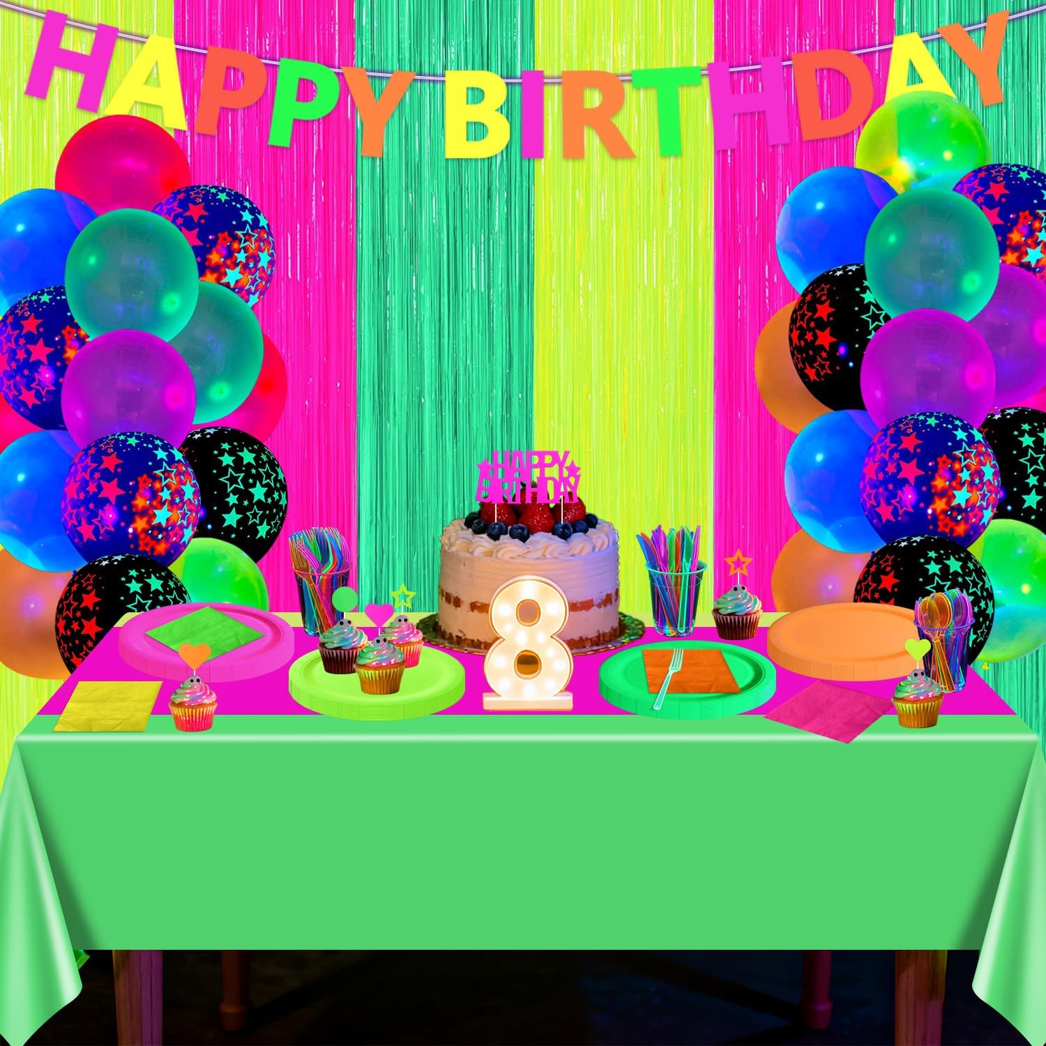 223 PCS Glow in the Dark Party Supplies, Including Colorful Plates Napkins Tablecloth Happy Birthday Banner and Dinnerware with UV Black Light Reactive for Neon Themed Birthday Party, Serves 20
