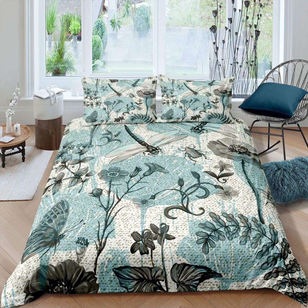 Housse de couette 200x200 plante à fleurs parure de lit 3 pièces