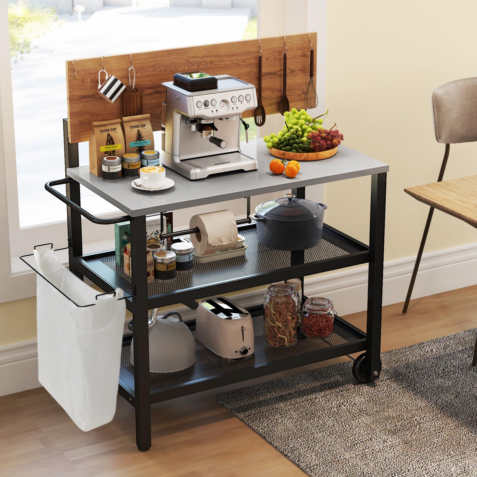 GIANTEX Carro de Cocina Multifuncional 4 Niveles, Carrito de Servicio con Tablero Plegable, Portarrollos de Pañuelos, Portabolsas y Ganchos, 2 Ruedas, Carro de Barbacoa para Patio, Balcón
