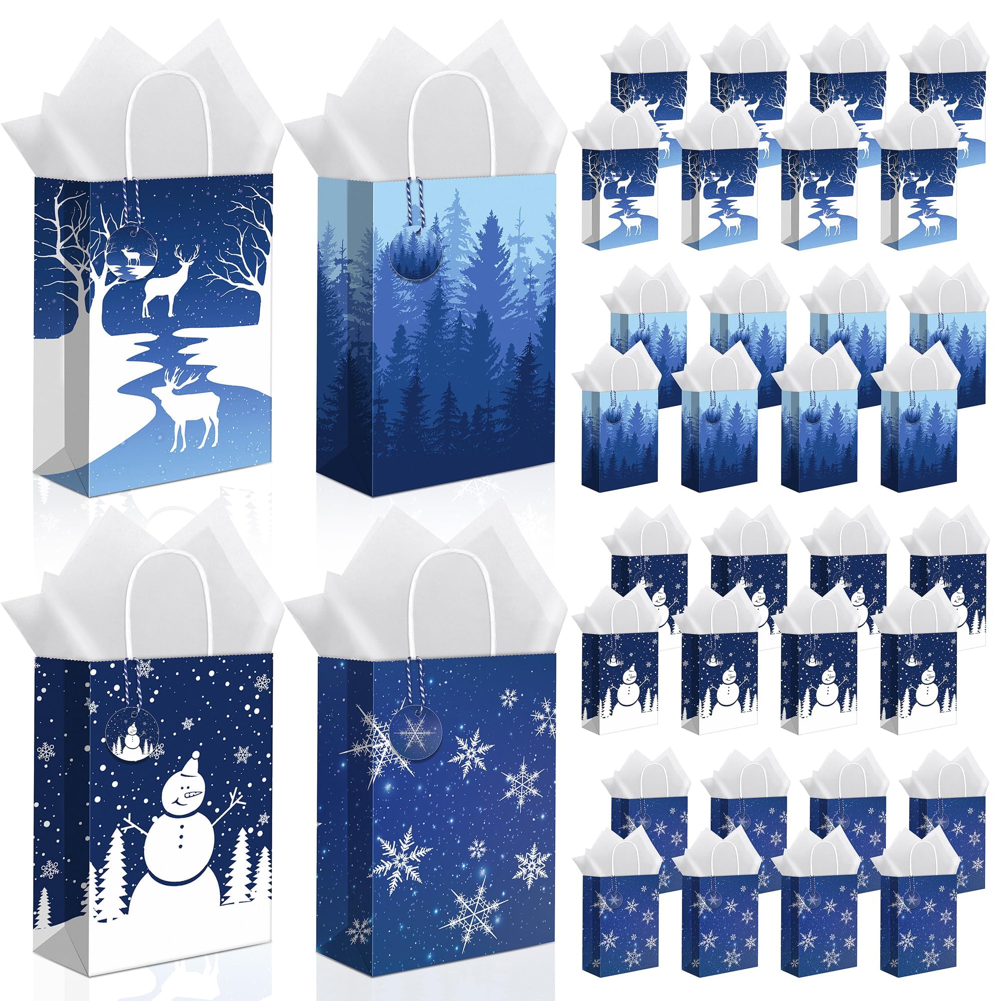 MIMIND 36 Pieces Christmas Snowflake Gift Bags Blue Winter Party Paper Bags with 40 Tissue, 36 Gift Tags and String Xmas Treat Bag with Handle for