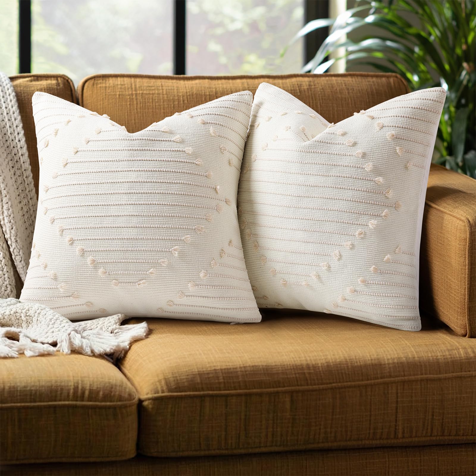 Mecatny Boho Outdoor Throw Pillow Covers 18X18 Set of 2, Farmhouse Decorative Pillow Covers for Couch Sofa Living Room, Beige & Cream White