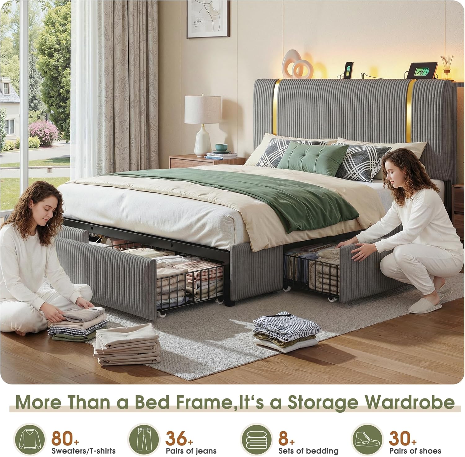 Homkdom Queen Bed Frame with 6 Storage Drawers, Upholstered Bed Frame Queen Size with Corduroy Headboard, LED Light & Charging Station, No Box Spring Needed, All Metal Slats, Grey