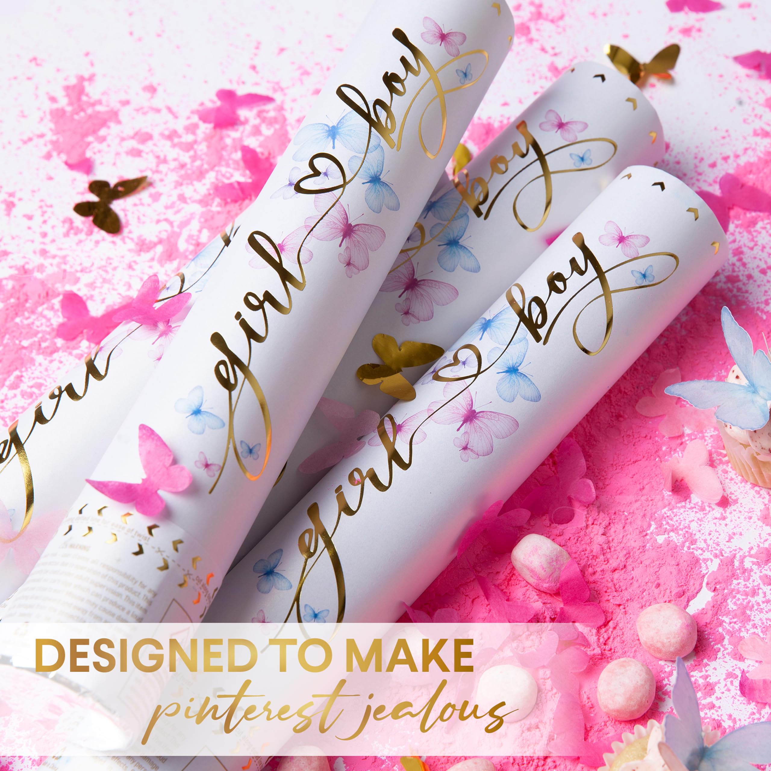 PrimePure Cannoni Spara Coriandoli per Gender Reveal - Polvere Biodegradabile e Coriandoli a Forma di Farfalla - Rosa, Confezione da 4 - Bombe di Fumo Gender Reveal