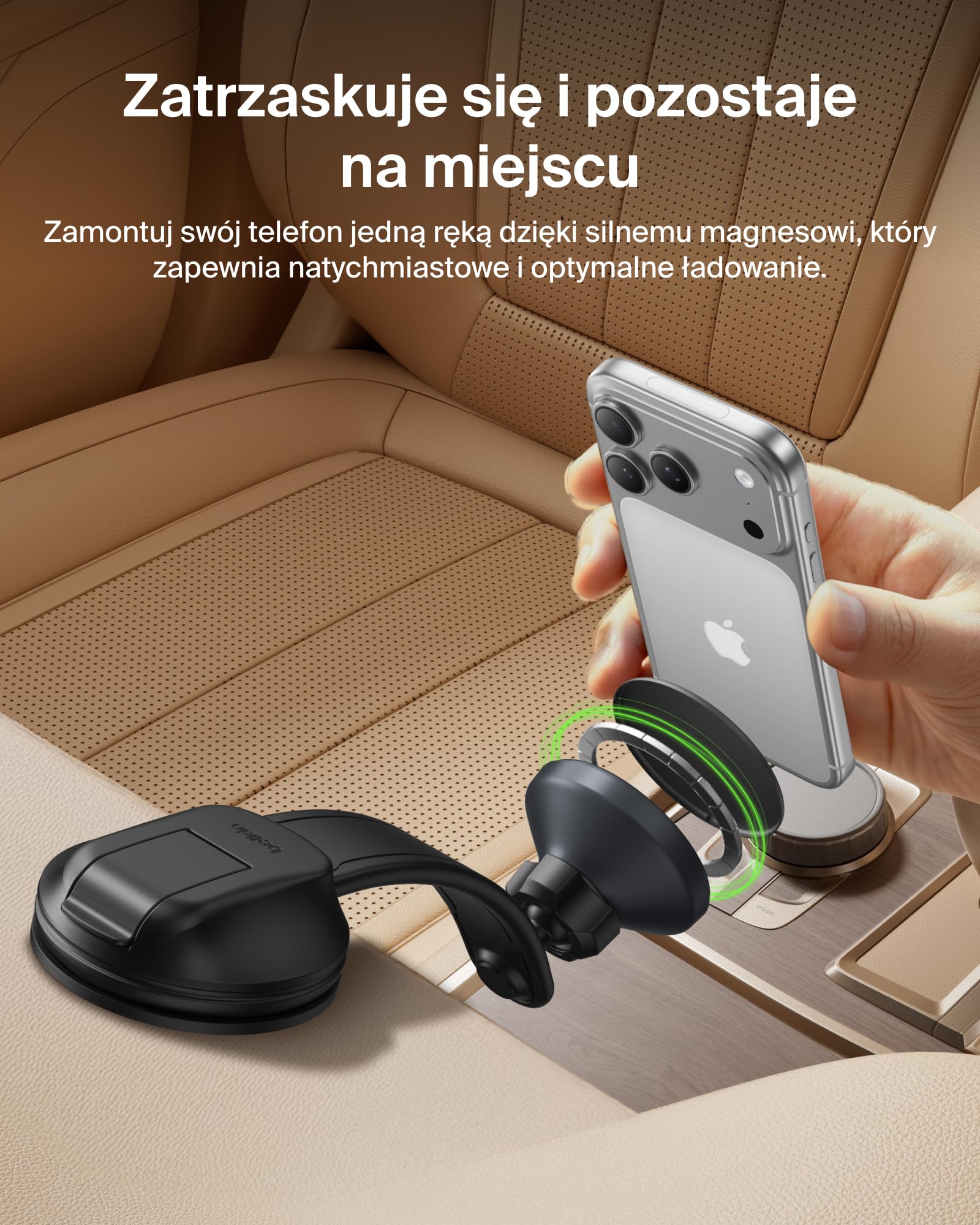 Belkin Bezprzewodowa Ładowarka Samochodowa, Zgodny z MagSafe Magnetyczny Uchwyt na Kratkę Nawiewu/Deskę Rozdzielczą, z Kablem USB-C, do iPhone’a 17, Galaxy S25, Pixelsnap – Akcesoria Qi2 – Czarna