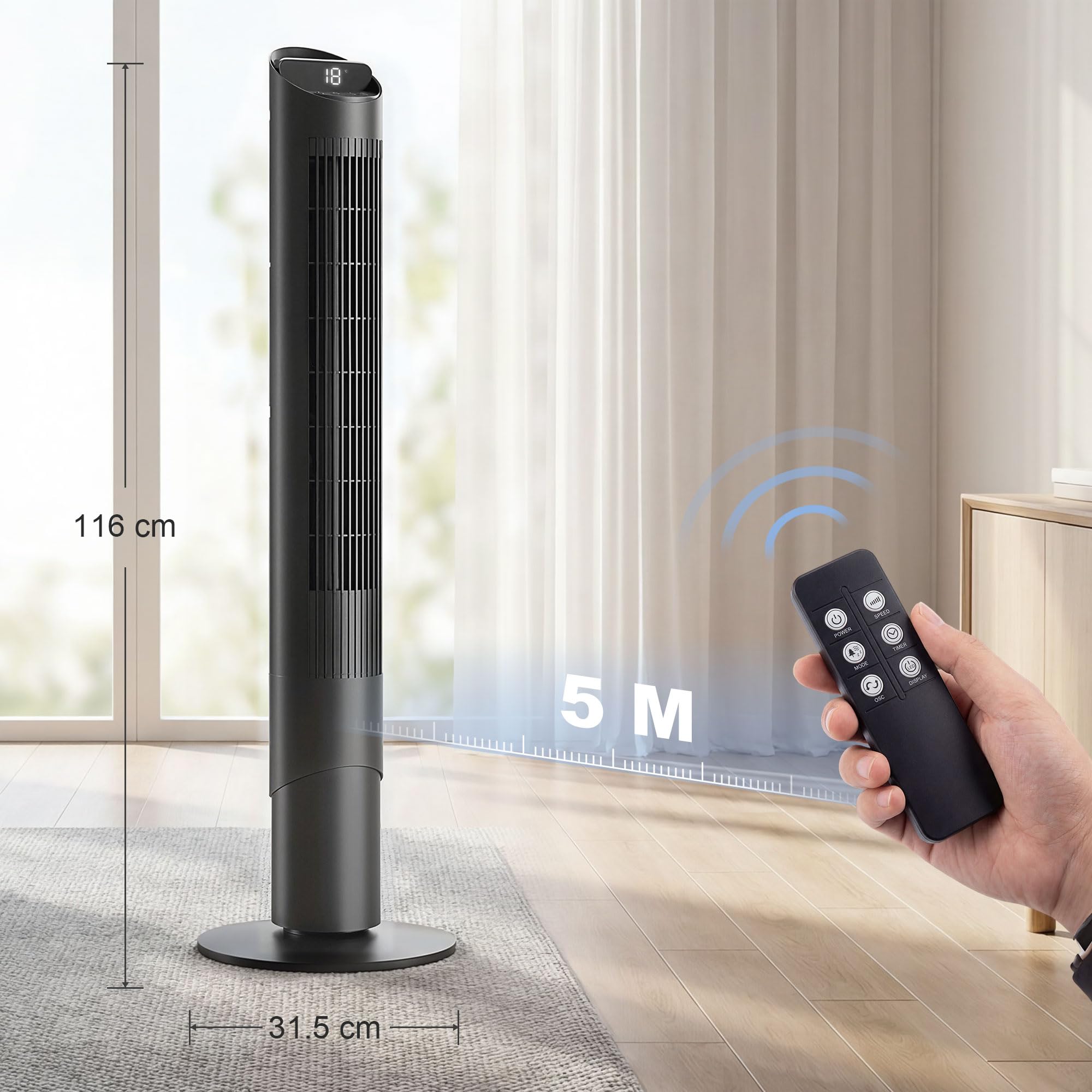 HOMCOM Ventilatore a Torre 116 cm con App WIFI e Telecomando, Ventilatore a Colonna Silenziosa con 6 Velocità, 4 Modalità, Oscillazione 65°, Timer 12H, Schermo LED, 45W, per Camera da Letto, Nero