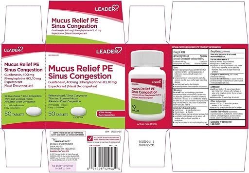 Leader Mucus Relief Pe Sinus Congestion, Expectorant; Nasal Decongestant, Thins and Loosens Mucus, Immediate-Release, Alleviates Chest Congestion, 50 Tablets (Pack of 4)