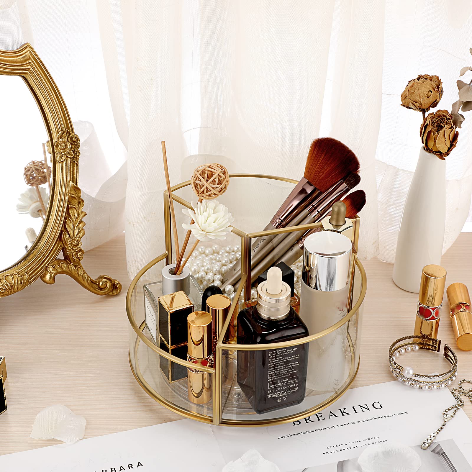 Hipiwe Rotating Glass Makeup Organizer with Gold Metal Frame