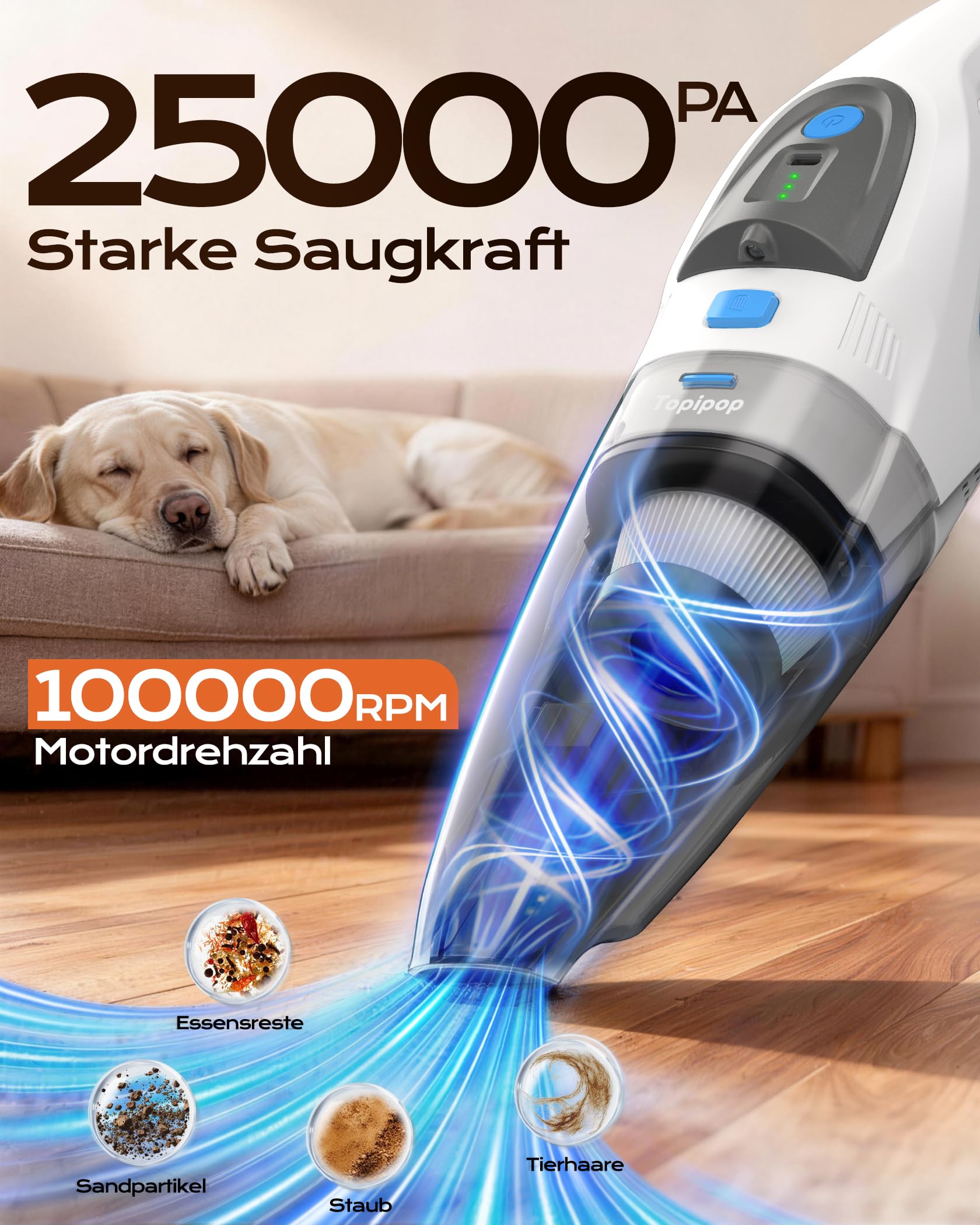Topipop Handstaubsauger, 25000Pa Handstaubsauger Akku mit Ladestation, waschbarem HEPA Filter & 45 Min. Nutzungsdauer, inkl. LED Licht, Handsauger mit 3 Köpfe für Küche, Büro, Auto, Tierhaare (Weiß)