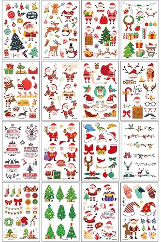 Miniatura 5 de Tatuajes temporales de Navidad para niños, 240 calcomanías impermeables de dibujos animados para el cuerpo, lindos calcetines de Papá Noel, muñeco