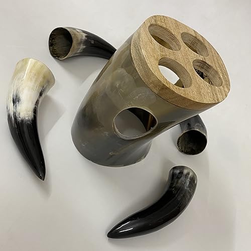 Miniatura 5 de AnNafi® Juego de tazas vintage de cuerno para beber | Juego de 4 tazas de cerveza con soporte de cuerno vikingo ceremonial ceremonial y aguamiel |