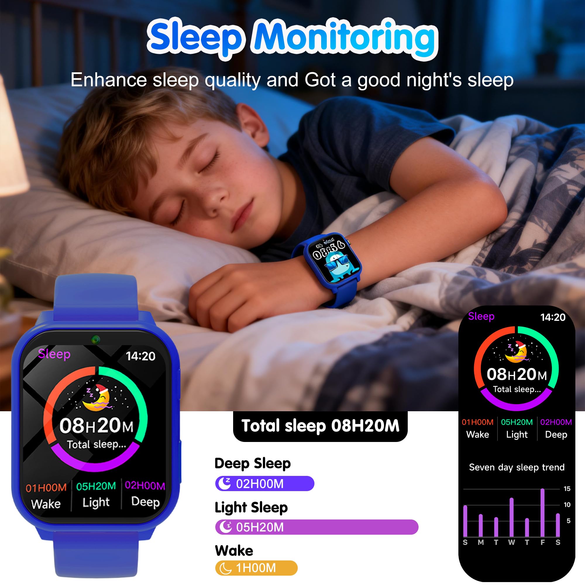 Montre Connectée Enfant, 1.83" Montre Intelligente Enfants avec Podomètre, Sommeil, 18 Jeux, Caméra, Réveil, Torche, Étanche Trackers d'Activité Cadeaux de Noël et d'Anniversair pour Garçons Filles
