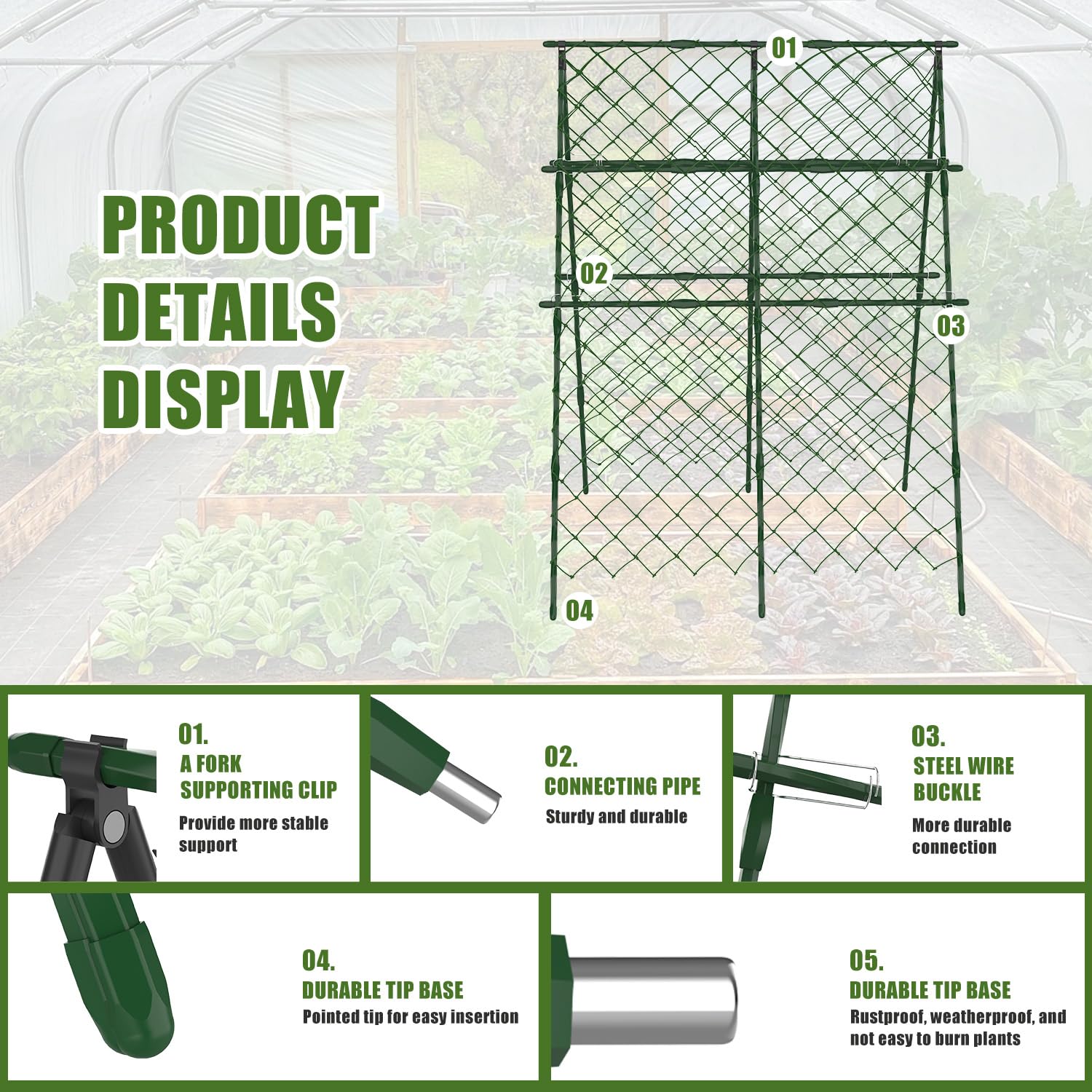 Enrejado de pepino de 63 x 47 pulgadas para cama elevada, enrejado de jardín ajustable para plantas trepadoras al aire libre con red de escalada y clip de soporte para plantas, enrejado de