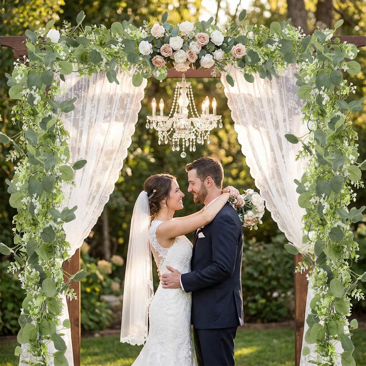 6 Pack 5.9 Feet Faux Eucalyptus Garlands Bulk, Artificial Wedding Garland with White Flowers Faux Silver Dollar Eucalyptus Leaves Vines for Table Home Wedding Party Indoor Outdoor Decor