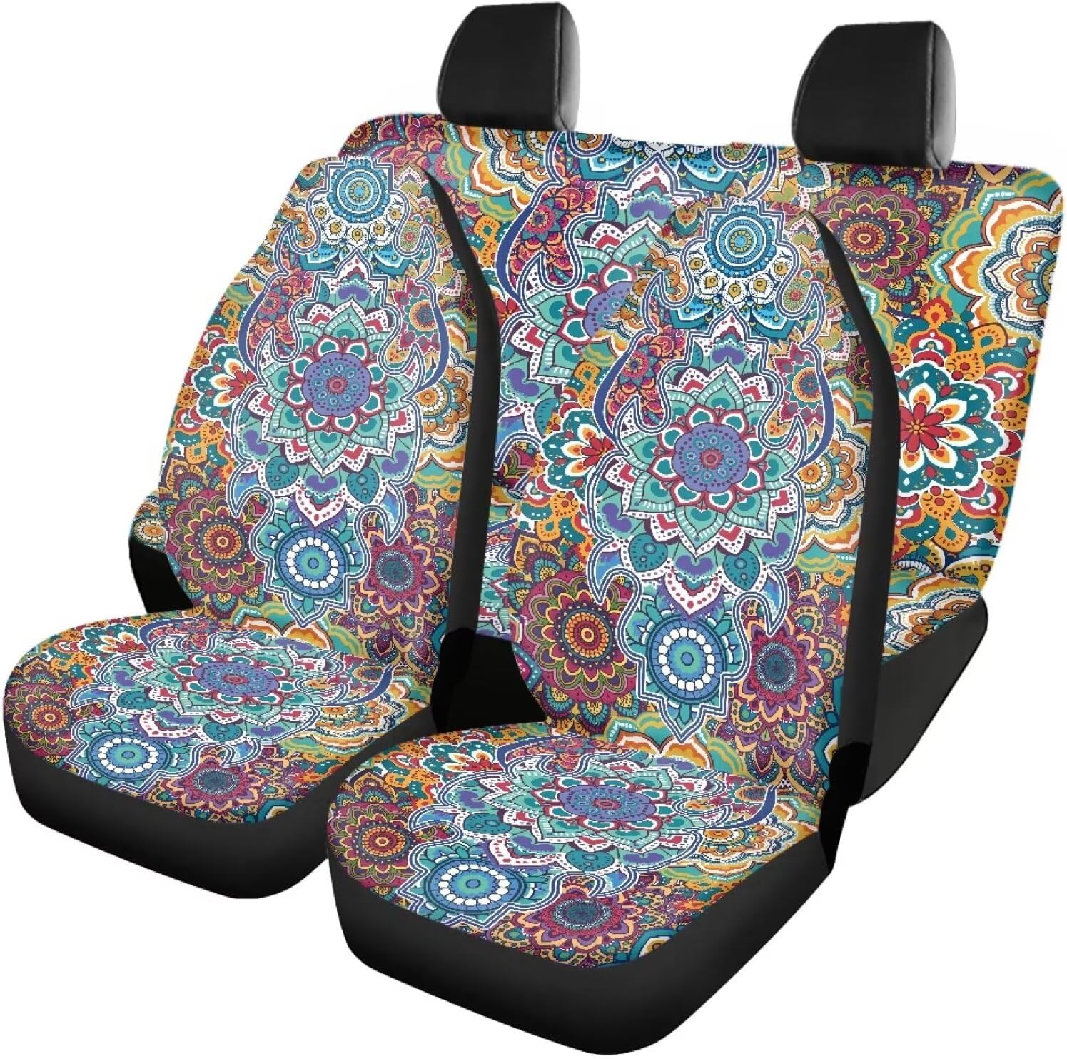 Mandala Flower Car Seat Covers Full Set 4 Pcs Car Front Seats and Rear Bench Cove Universal Elastic Vehicle Seats Cushion Automotive Interior Protection Accessories