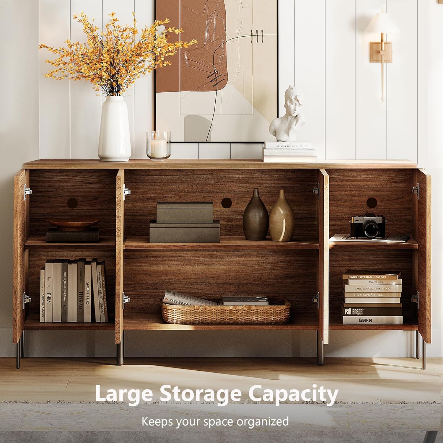 WAMPAT Fluted Buffet Cabinet with Storage, 61.5" Large Sideboard Cabinet with Storages, and 4 Doors,Modern Buffet Table Coffee Bar Wine Bar Storage for Dining Room,Brown
