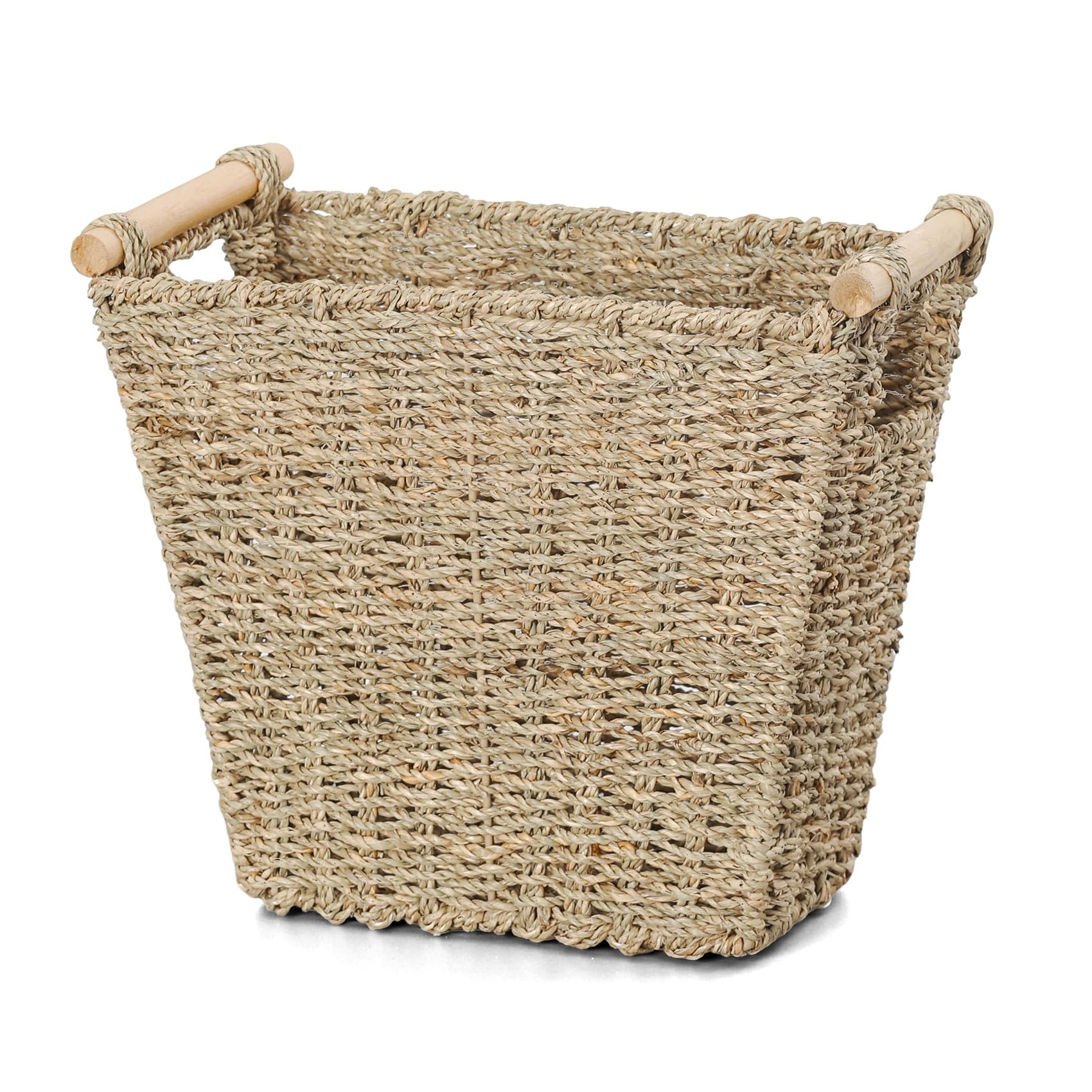 WEAVELYRICS Wicker Trash Can with Wooden Handles, Seagrass Wicker Waste Bin, Bathroom Trash Can, Wastepaper Basket for Bedroom, Bathroom, Kitchen, Living Room, 1 Pack (Natural Seagrass)