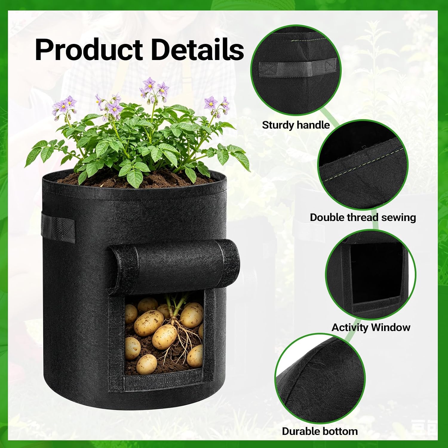 6 Pack Potato Grow Bags (15/10/5 Gallon, 2 of Each) with Harvest Window, Garden Planting Bag with Reinforced Handles, Thickened Nonwoven Fabric Pots for Tomato, Vegetables & Fruits