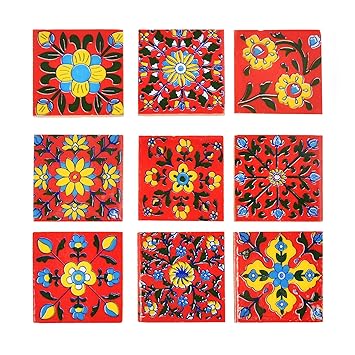 Artook Decor Blue Pottery Red Color Classic Home Decor Jaipur 2 x 2 inch Tiles (Pack of 9)