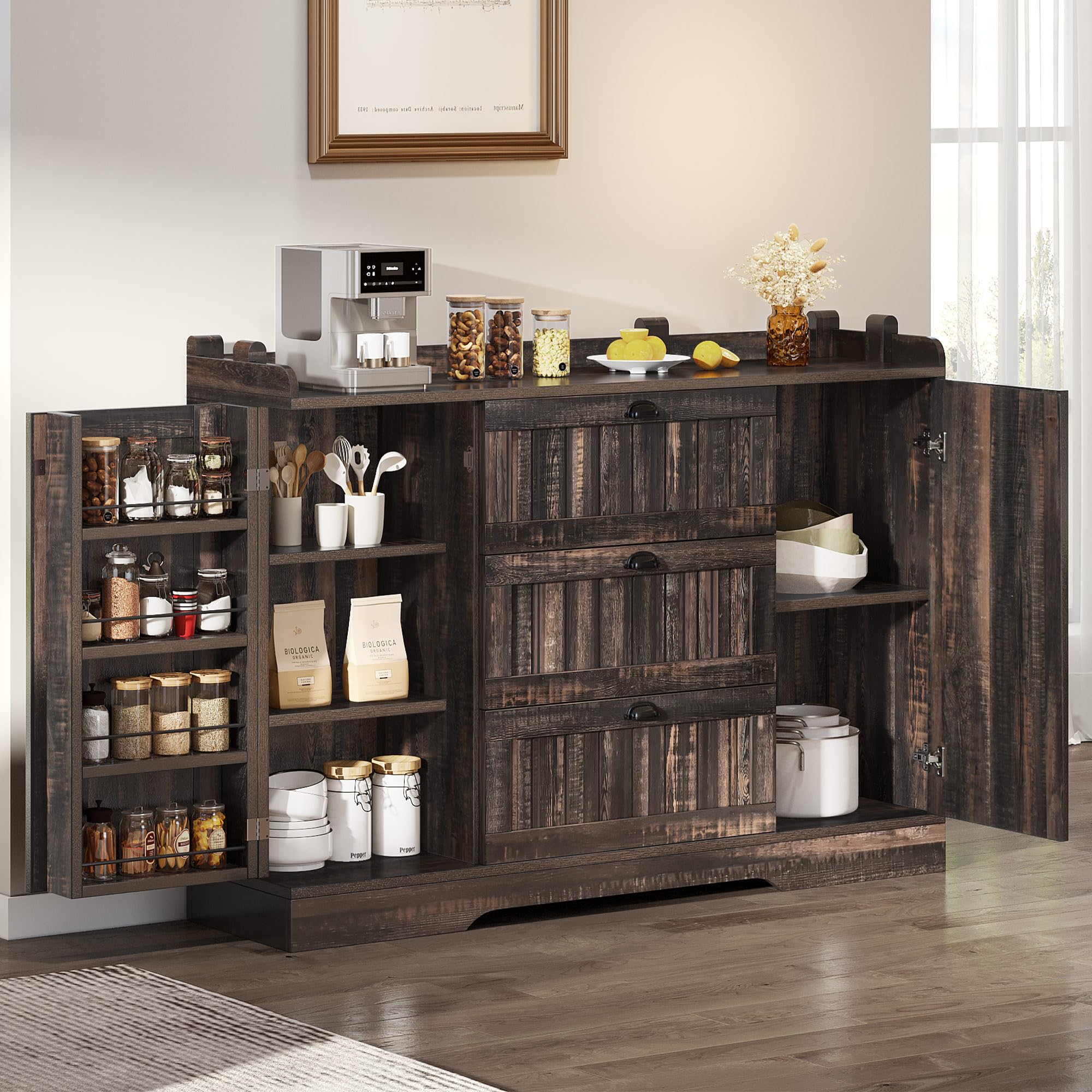 DWVO Farmhouse Sideboard Buffet Cabinet with Storage, 59" Kitchen Pantry Storage Cabinet with 3 Drawers, Coffee Bar for Kitchen Living Room, Dark Rustic Oak