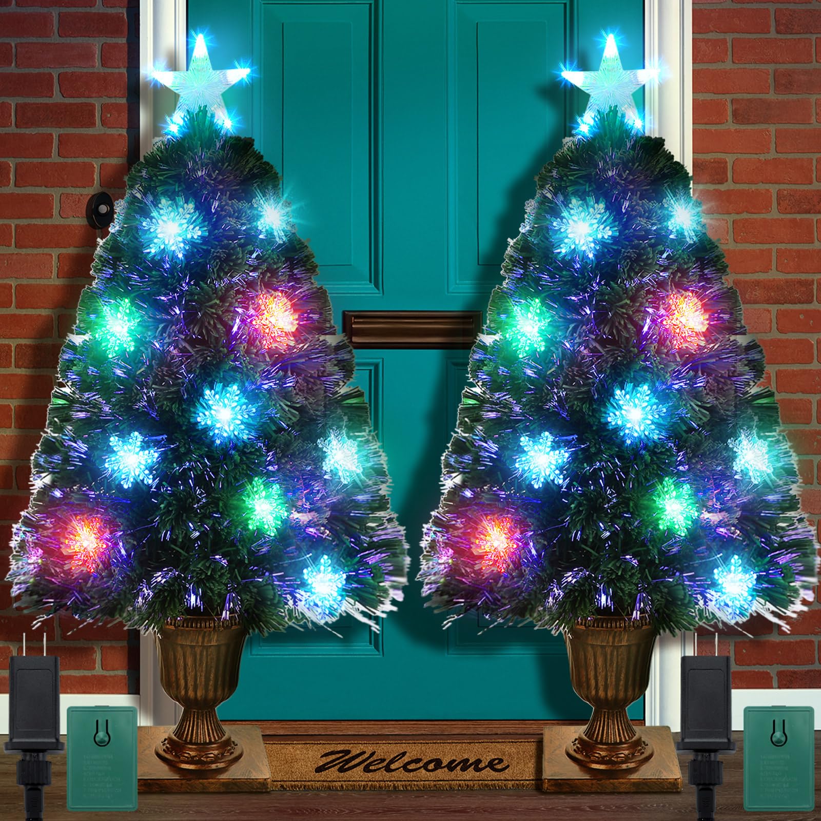 ceenna 2 pack pre lit artificial christmas tree 3 ft lighted optical fiber entrance tree in gold urn base snowflake light star tree for front door pathway entrance xmas holiday decoration (colorful)